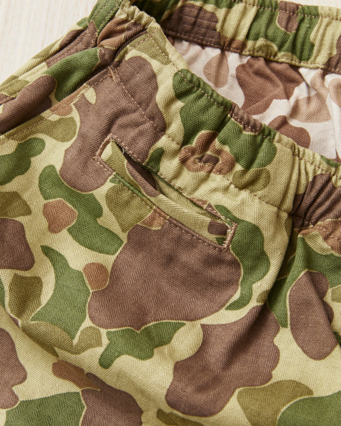 Papa Nui Cap Co. Atoll Beach Trunks Cotton HBT Twill Frog Skin Camo
