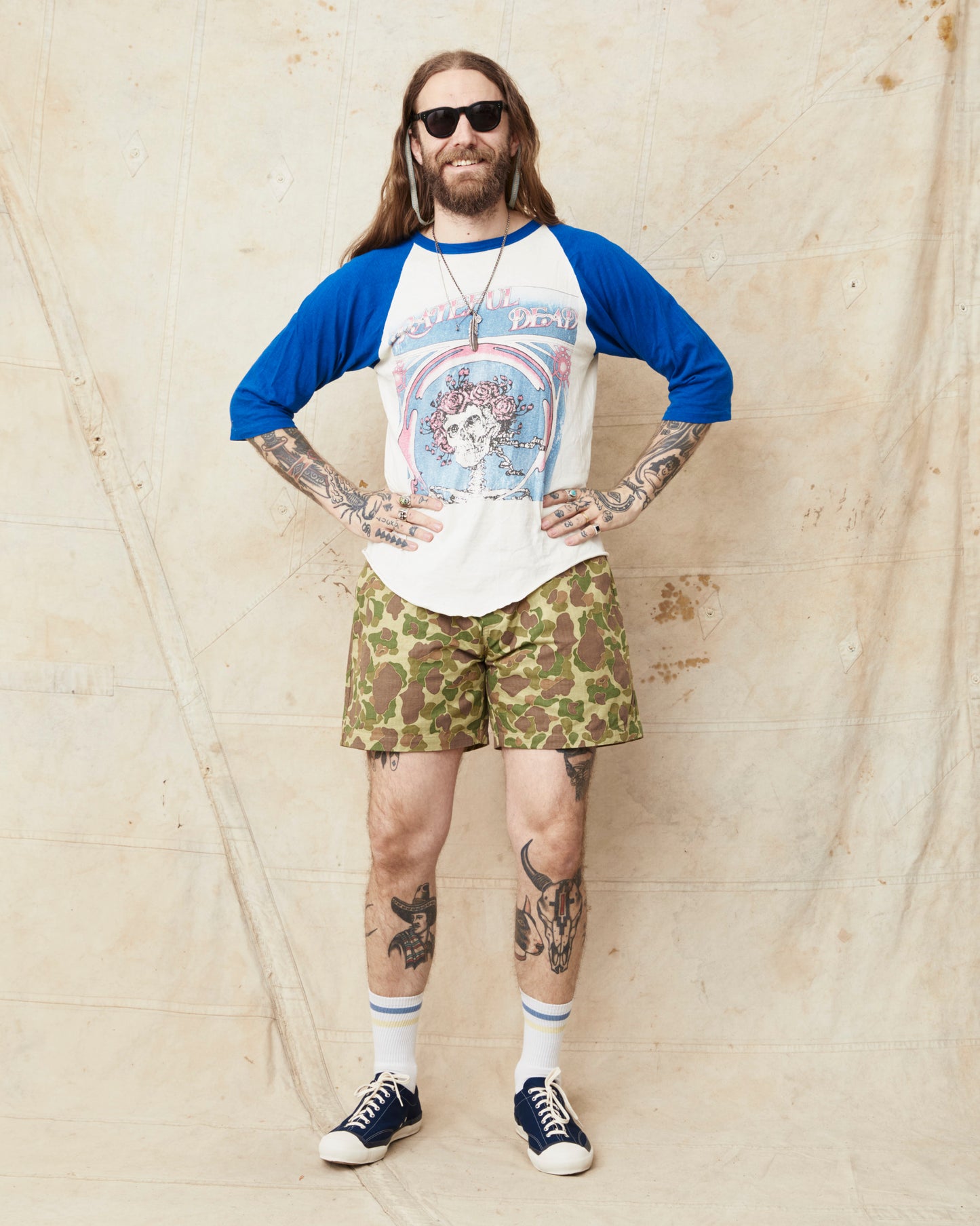 Papa Nui Cap Co. Atoll Beach Trunks Cotton HBT Twill Frog Skin Camo