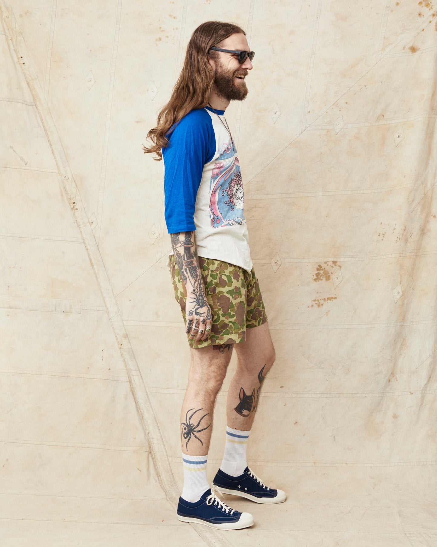 Papa Nui Cap Co. Atoll Beach Trunks Cotton HBT Twill Frog Skin Camo