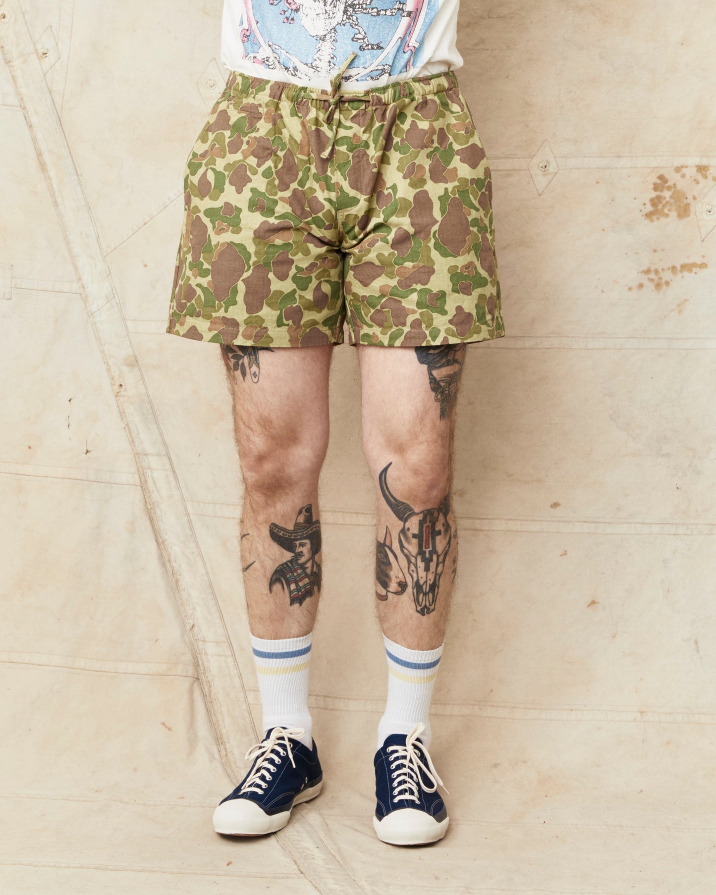 Papa Nui Cap Co. Atoll Beach Trunks Cotton HBT Twill Frog Skin Camo