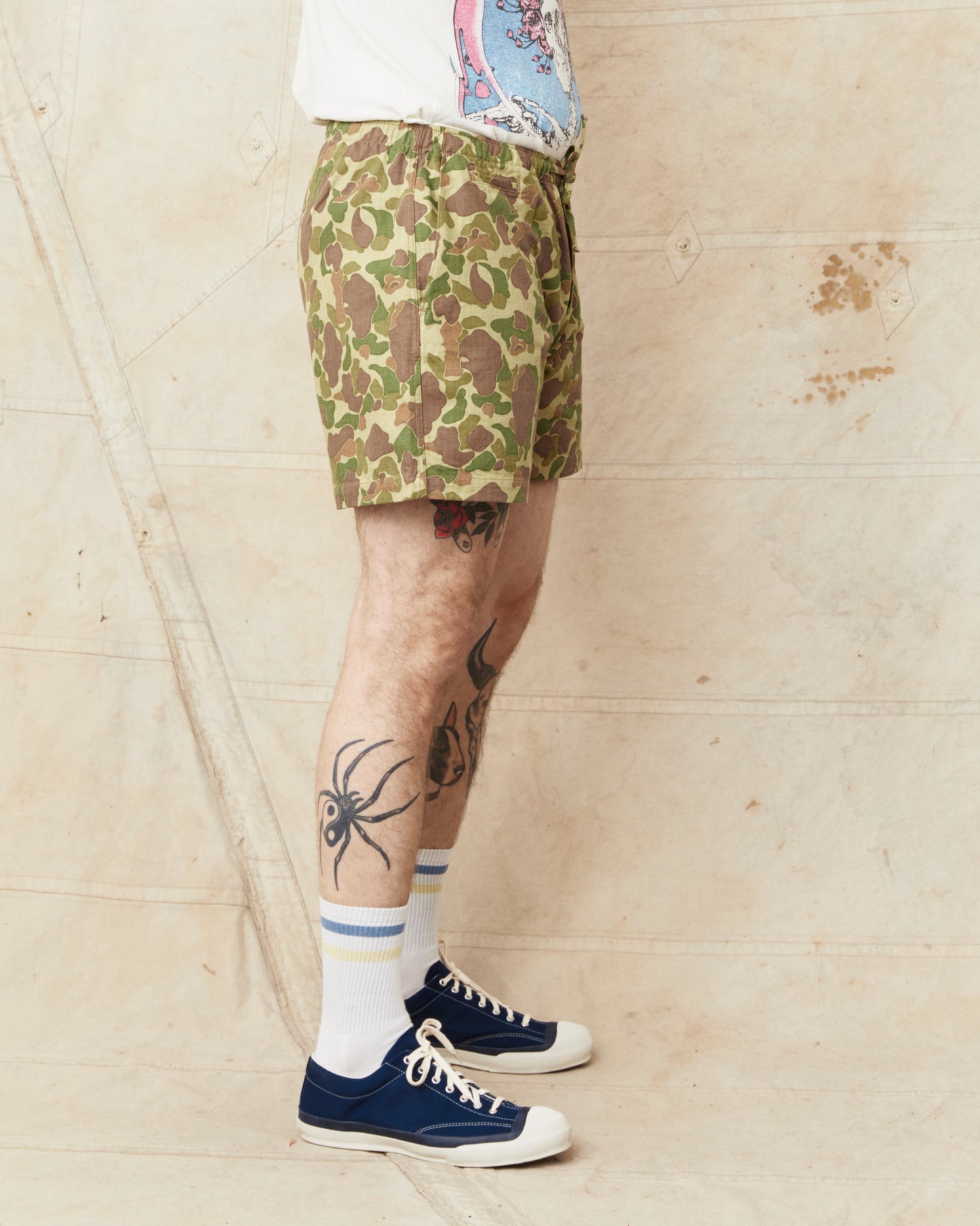 Papa Nui Cap Co. Atoll Beach Trunks Cotton HBT Twill Frog Skin Camo