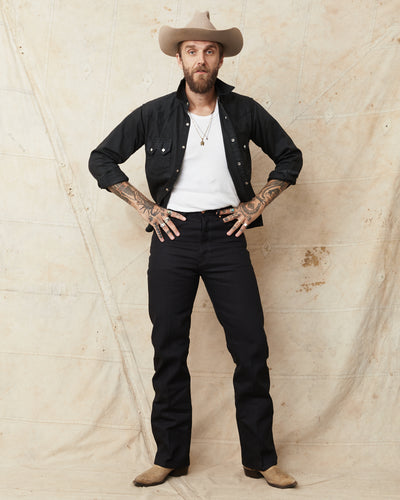 Indigofera Wyatt Bootcut Jeans Uneven Broken Twill Black