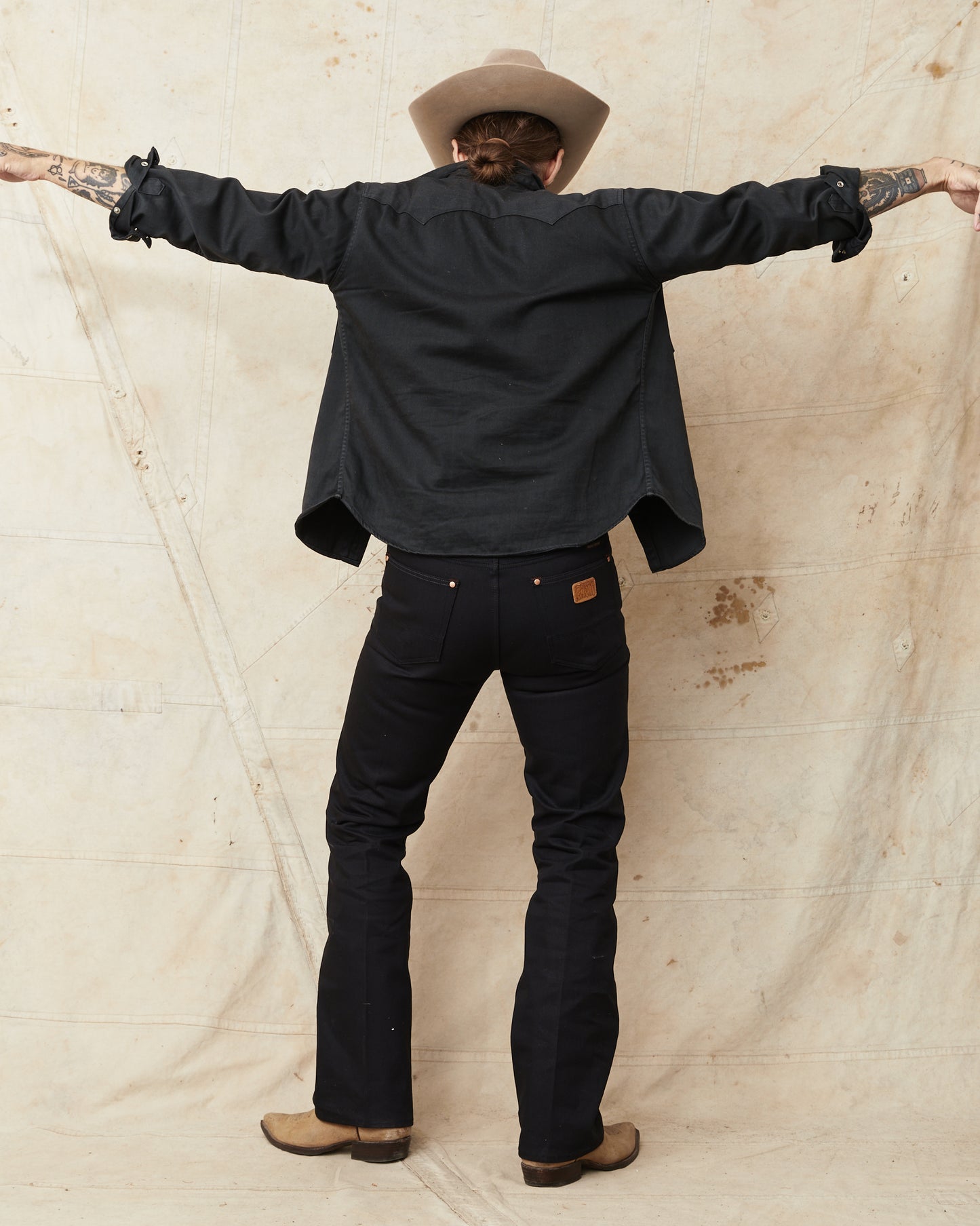 Indigofera Wyatt Bootcut Jeans Uneven Broken Twill Black