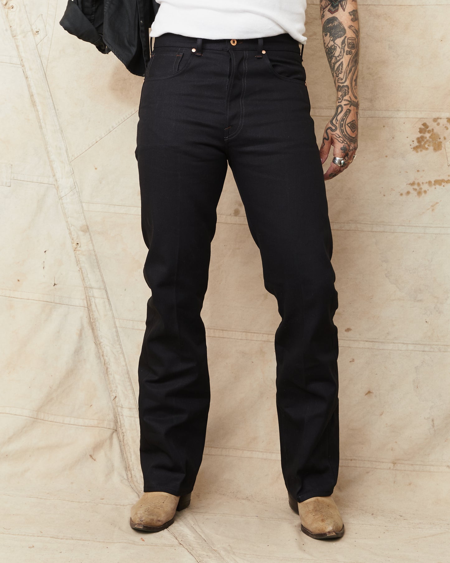 Indigofera Wyatt Bootcut Jeans Uneven Broken Twill Black