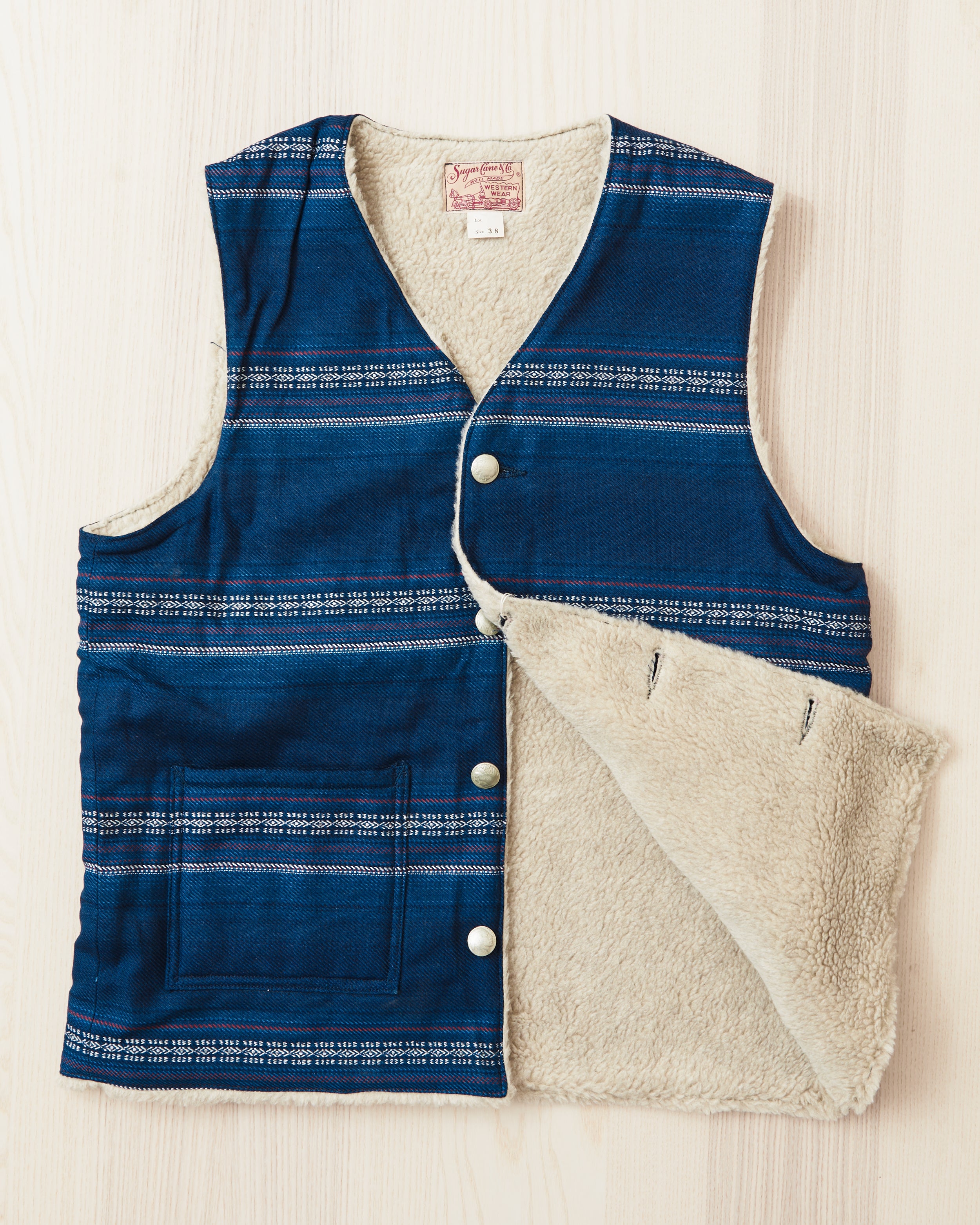 Sugar Cane & Co. ウエスタンベスト サイズ38 Sugar Cane & Co SC15828 Indigo Dobby Work Vest Boa Lining – Second