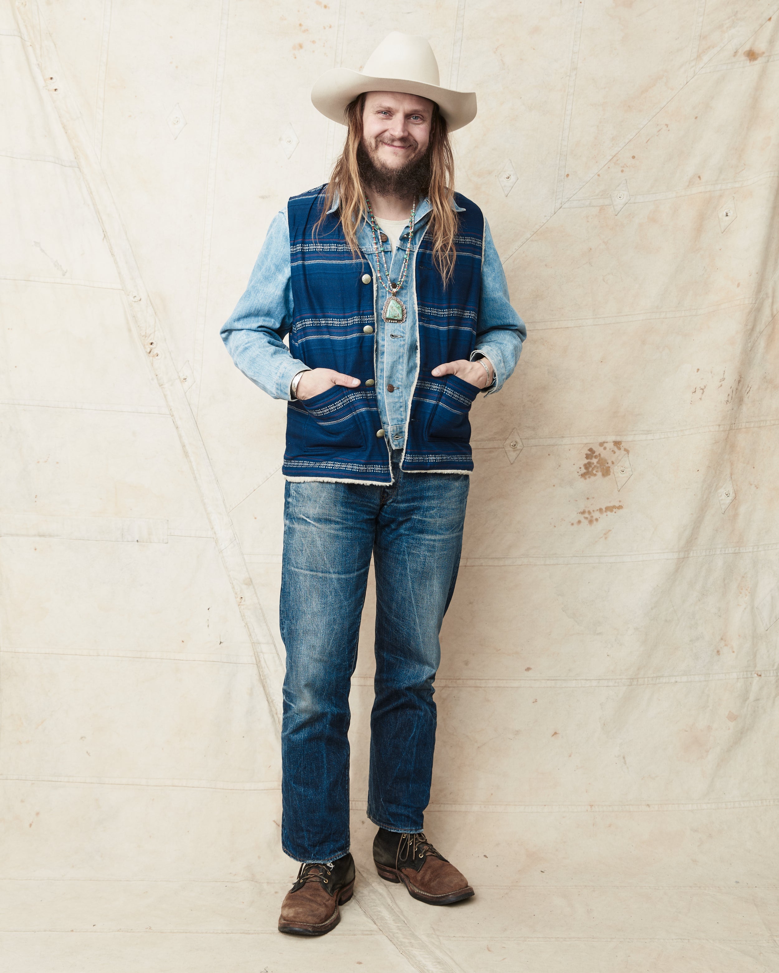 RRL indigo native柄ハンドウーブン ジャカード ベスト サイズS Sugar Cane & Co SC15828 Indigo Dobby Work Vest Boa Lining – Second