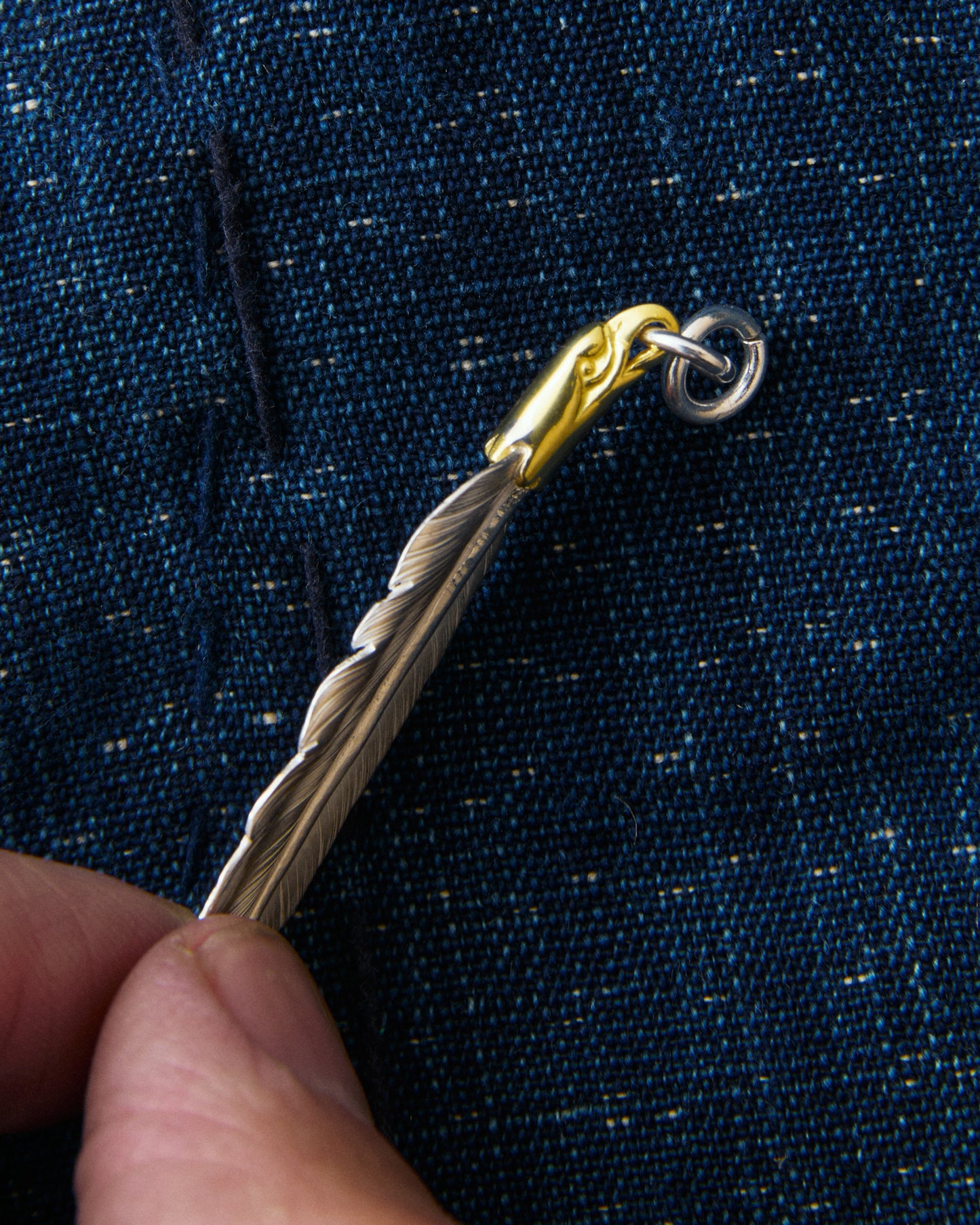 Larry Smith Eagle Head Feather Silver Pendent With 18K Gold Accent EFNL-0049-L