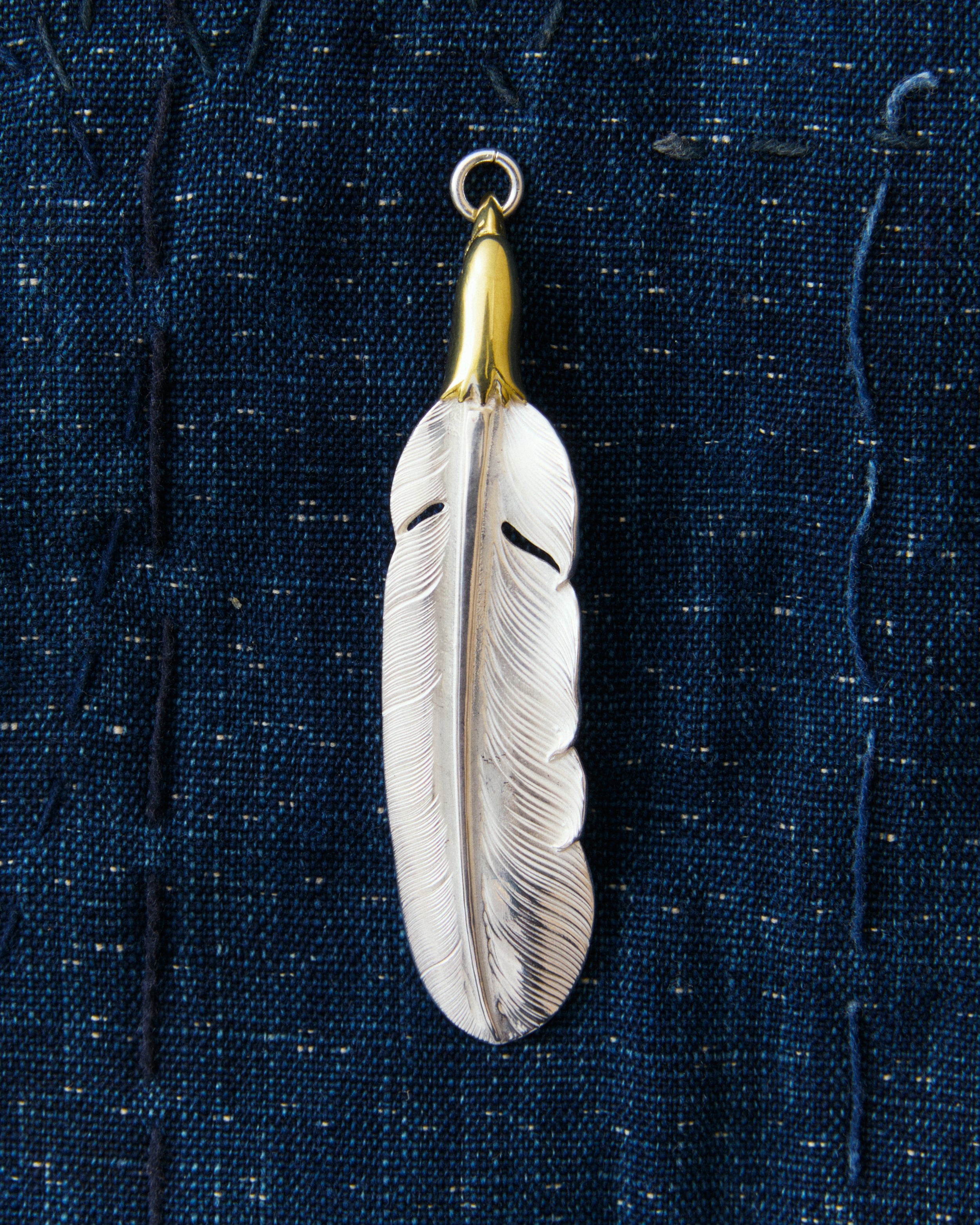 Larry Smith Eagle Head Feather Silver Pendent With 18K Gold Accent