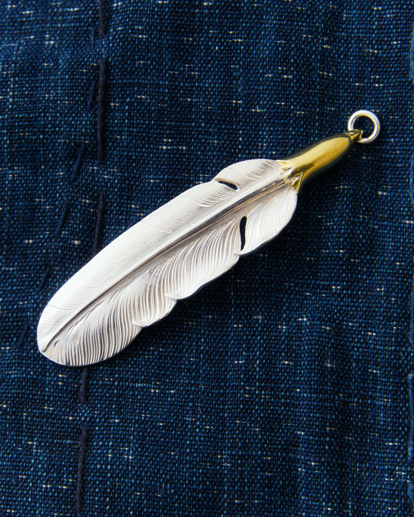Larry Smith Eagle Head Feather Silver Pendent With 18K Gold Accent EFNL-0041-L