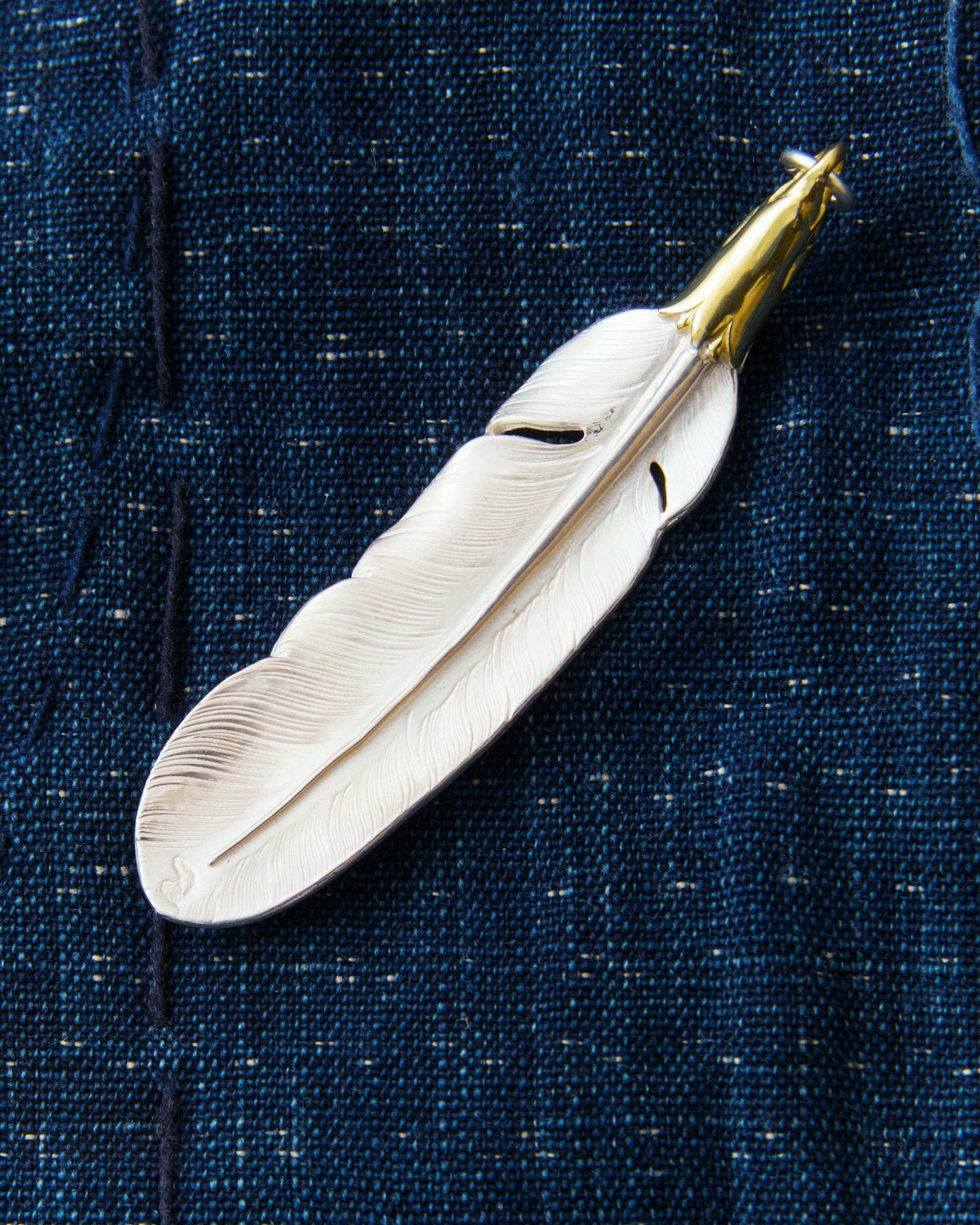 Larry Smith Eagle Head Feather Silver Pendent With 18K Gold Accent EFNL-0041-L