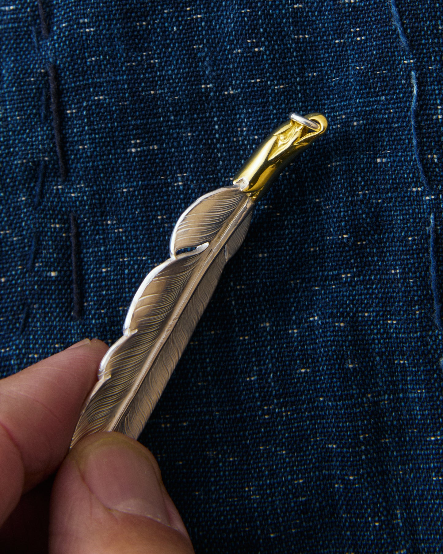 Larry Smith Eagle Head Feather Silver Pendent With 18K Gold Accent EFNL-0041-L