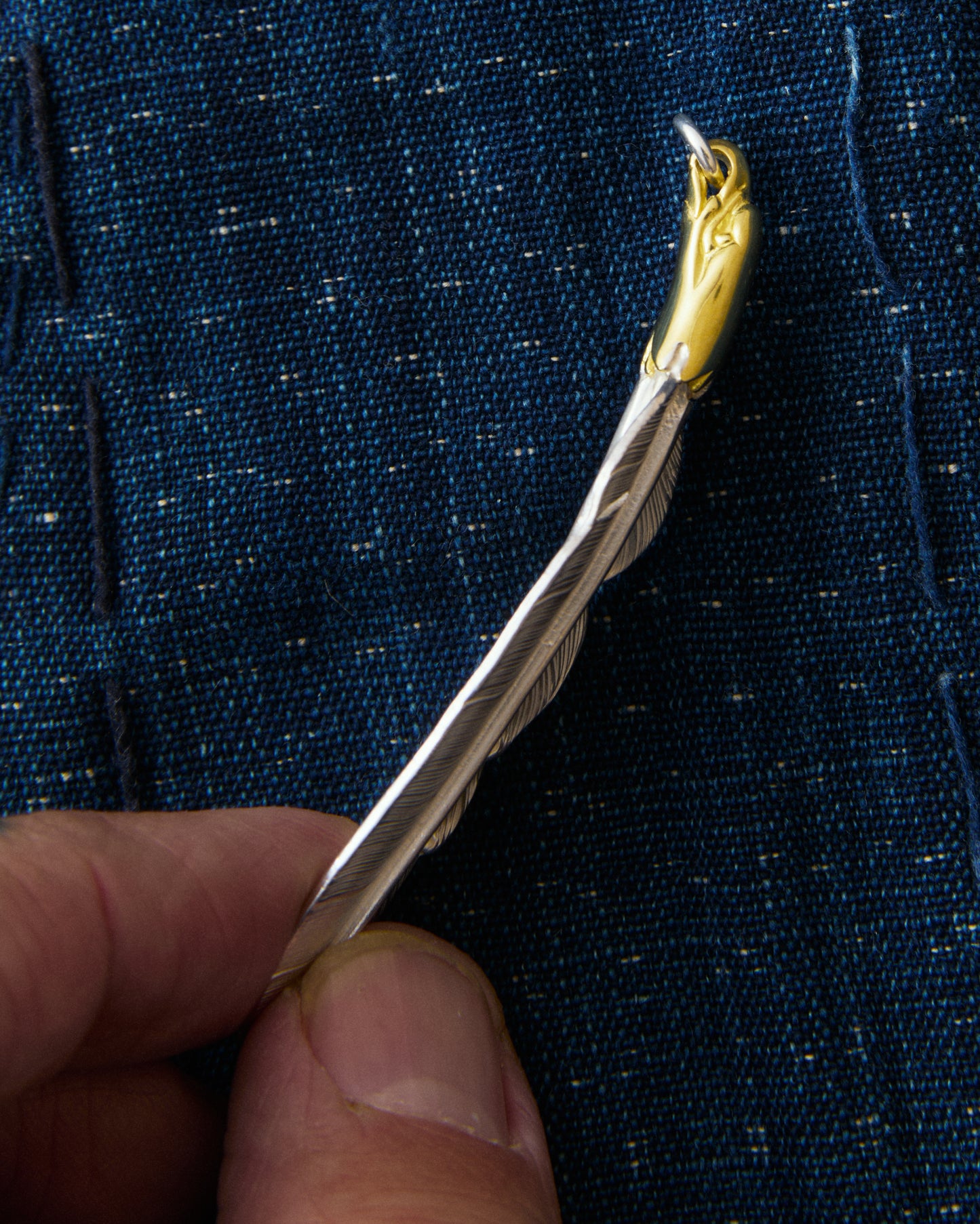 Larry Smith Eagle Head Feather Silver Pendent With 18K Gold Accent EFNL-0041-L