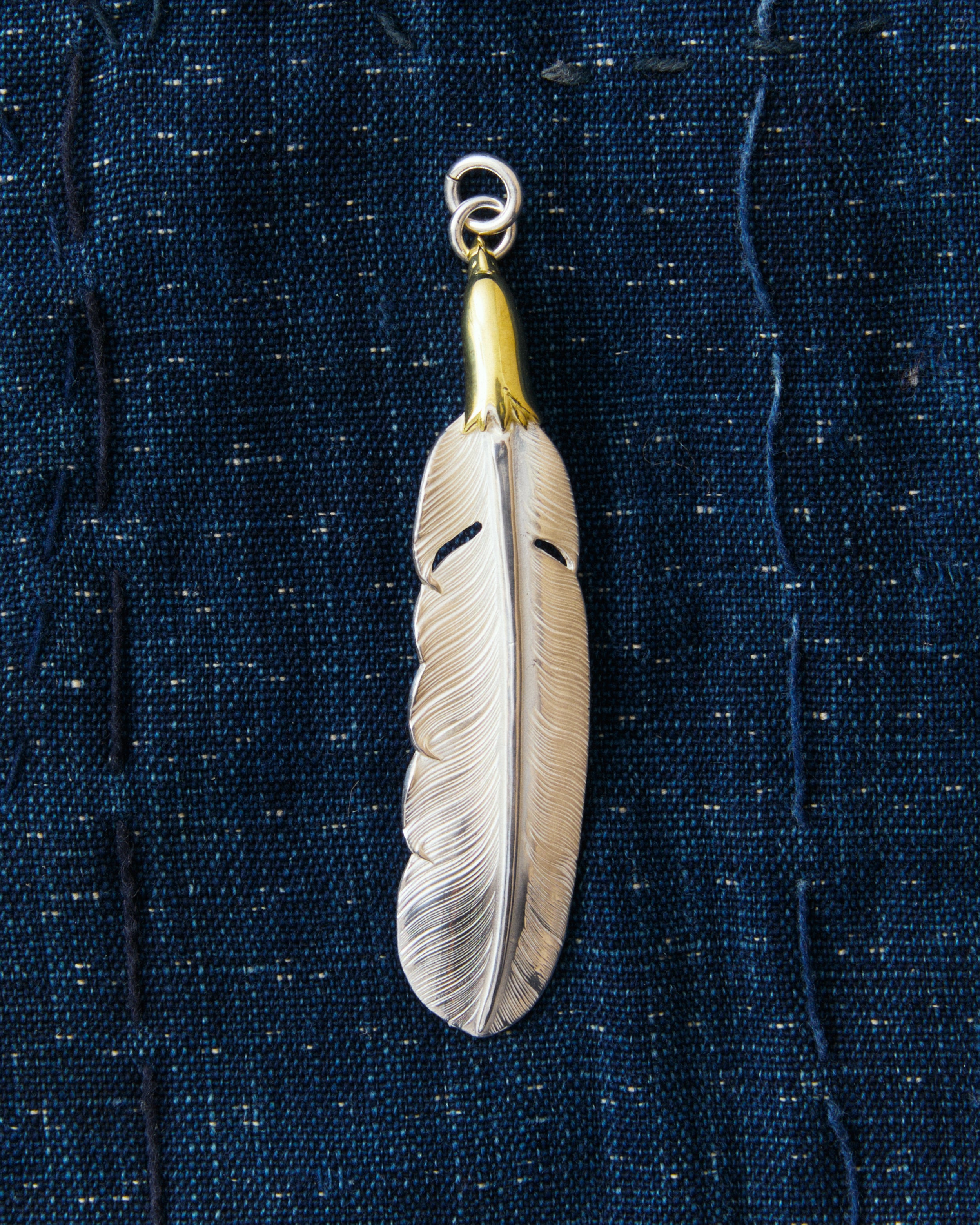 Larry Smith Eagle Head Feather Silver Pendent With 18K Gold Accent
