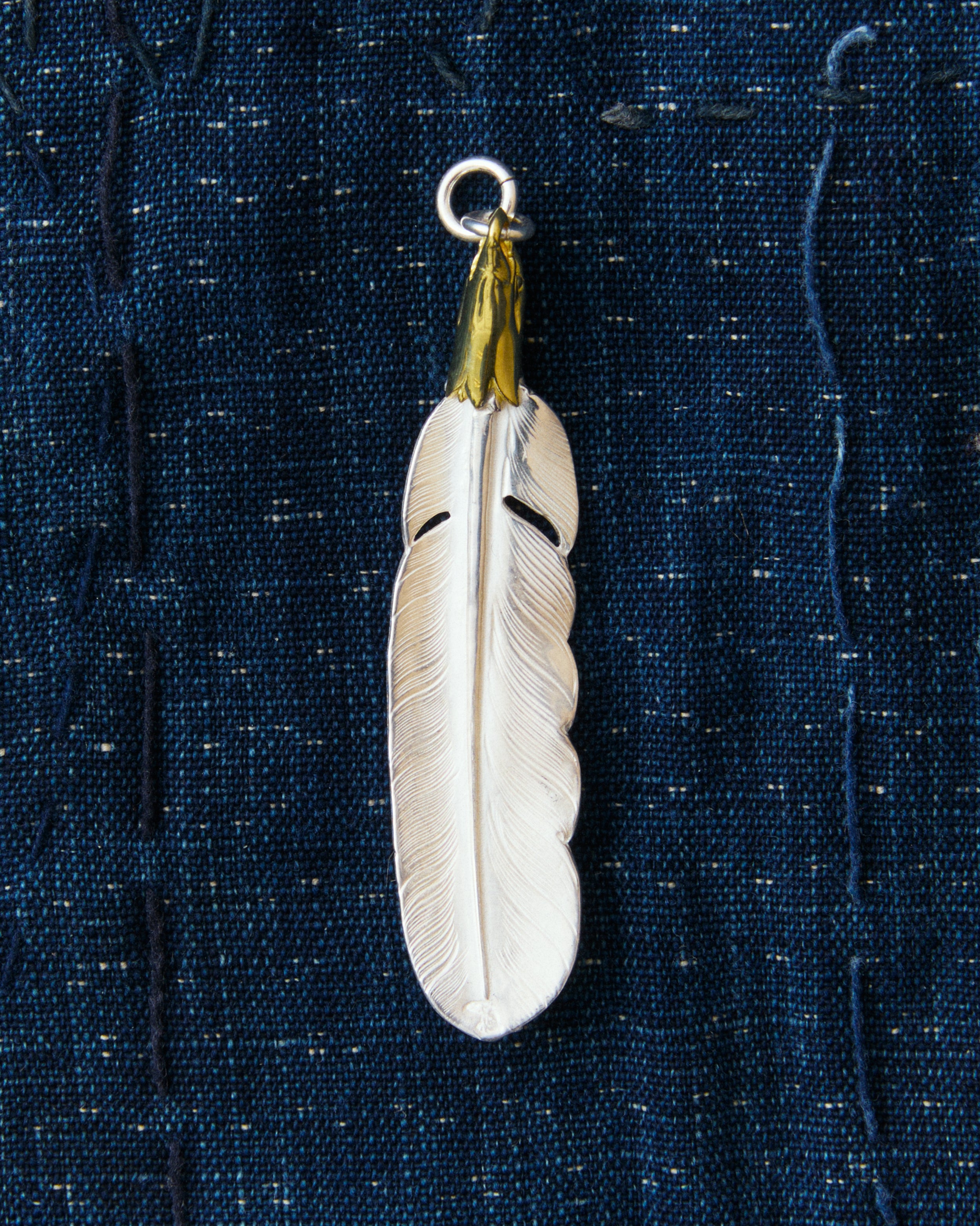 Larry Smith Eagle Head Feather Silver Pendent With 18K Gold Accent
