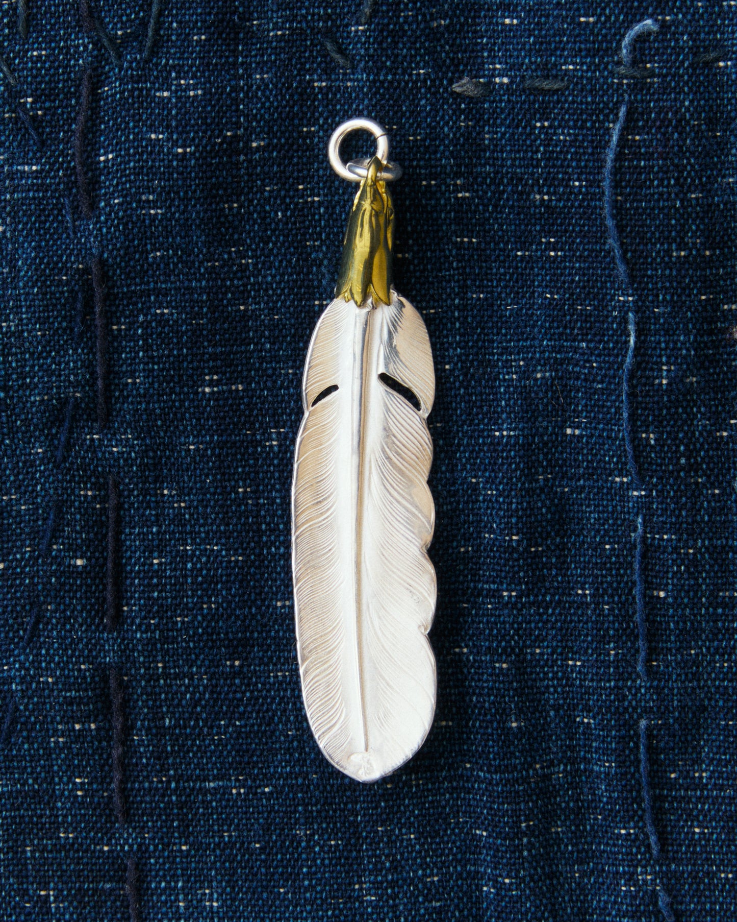 Larry Smith Eagle Head Feather Silver Pendent With 18K Gold Accent EFNL-0041-R