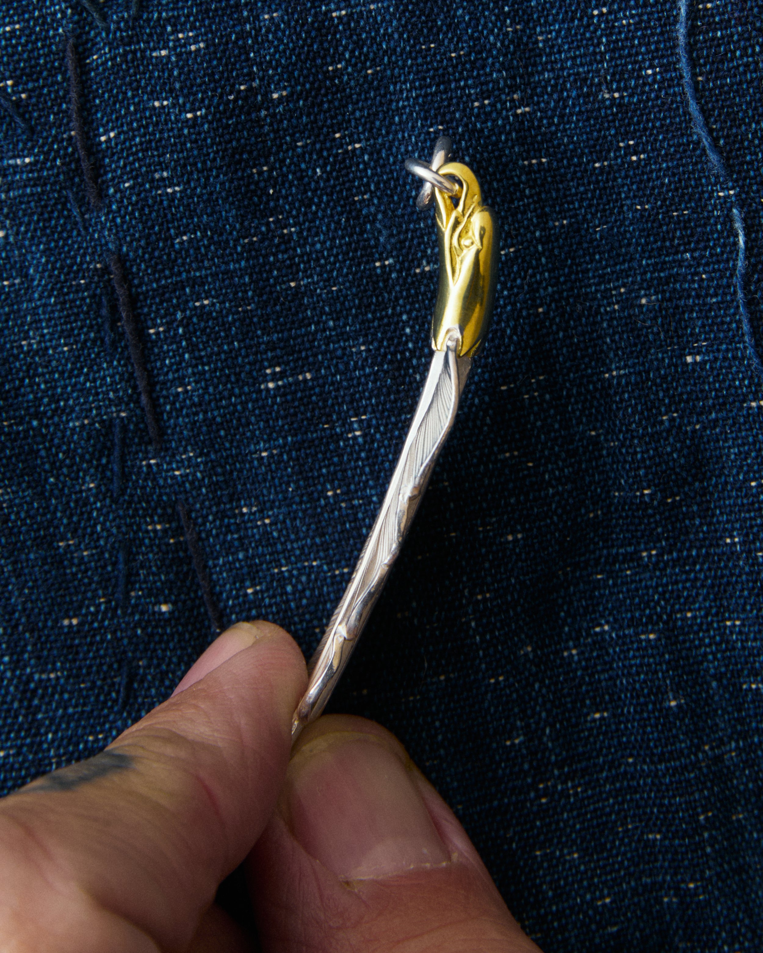 Larry Smith Eagle Head Feather Silver Pendent With 18K Gold Accent