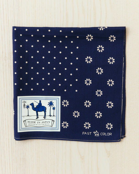 The Camel Brand Daisy navy blue cotton bandana, 50x50cm, made in Japan
