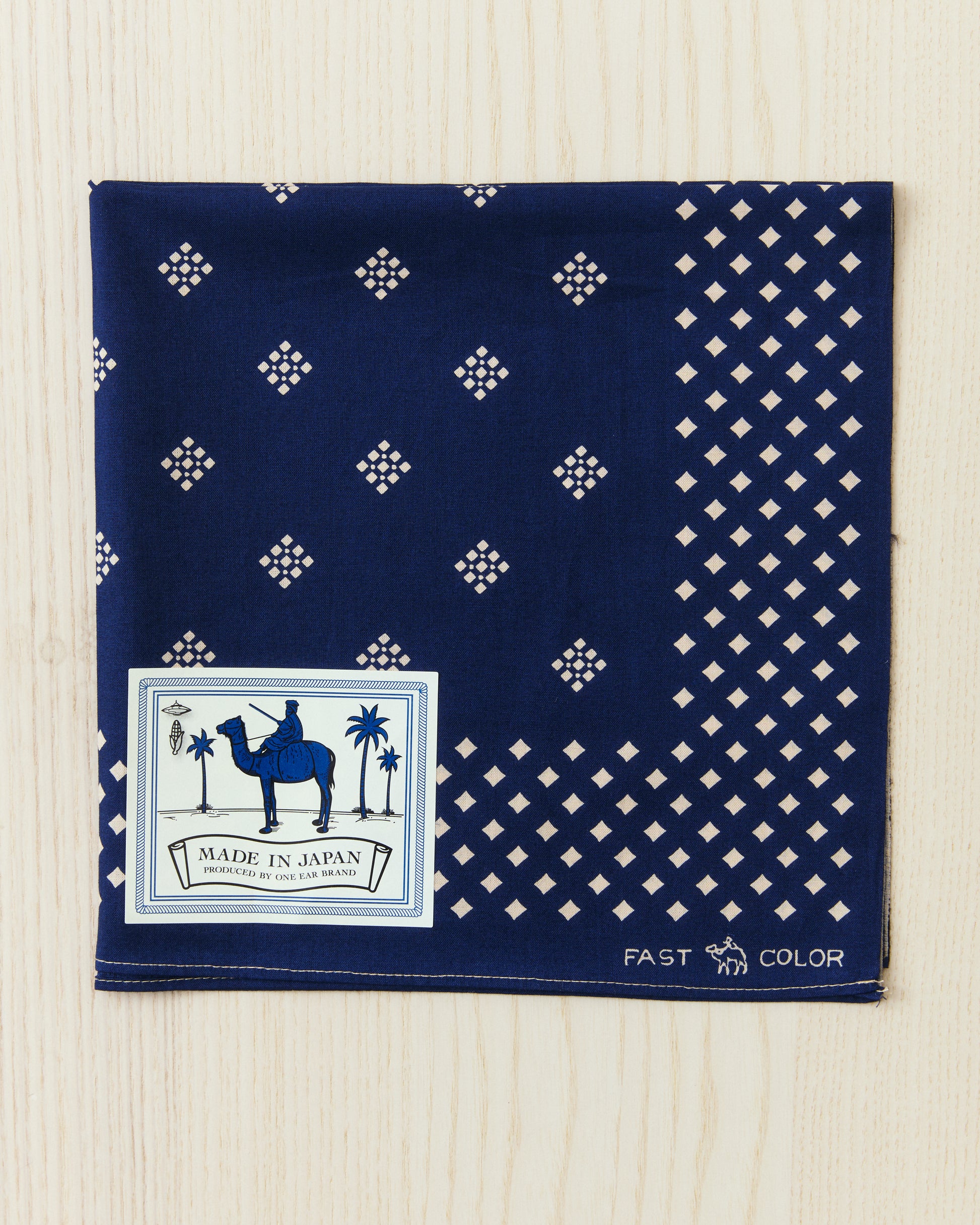 The Camel Brand Bishi navy blue cotton bandana, 50x50cm, made in Japan
