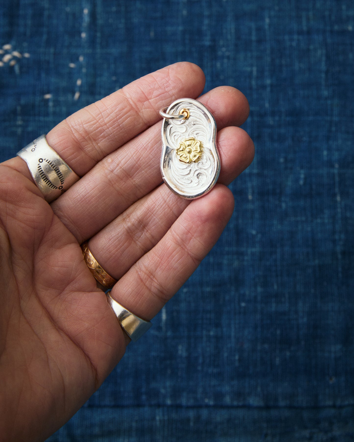 Larry Smith Karakusa Rose Skinny Daruma Pendant 18K 22K Gold NL-0169