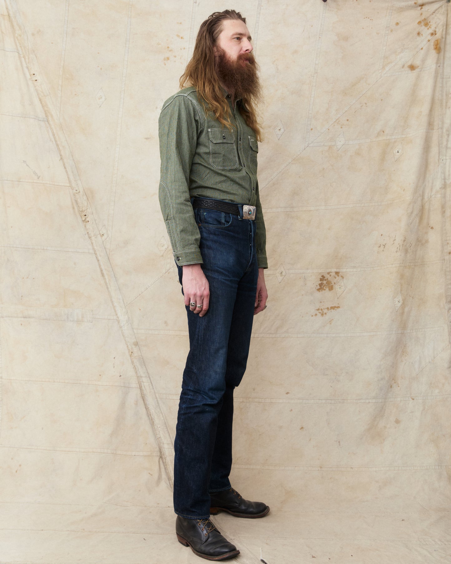 Sugar Cane & Co. Olive Striped Work Shirt SC25511