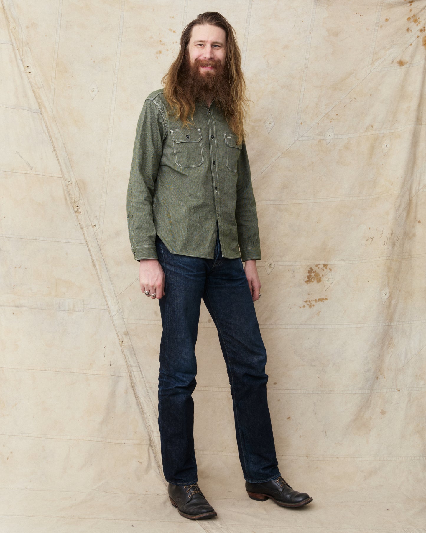 Sugar Cane & Co. Olive Striped Work Shirt SC25511