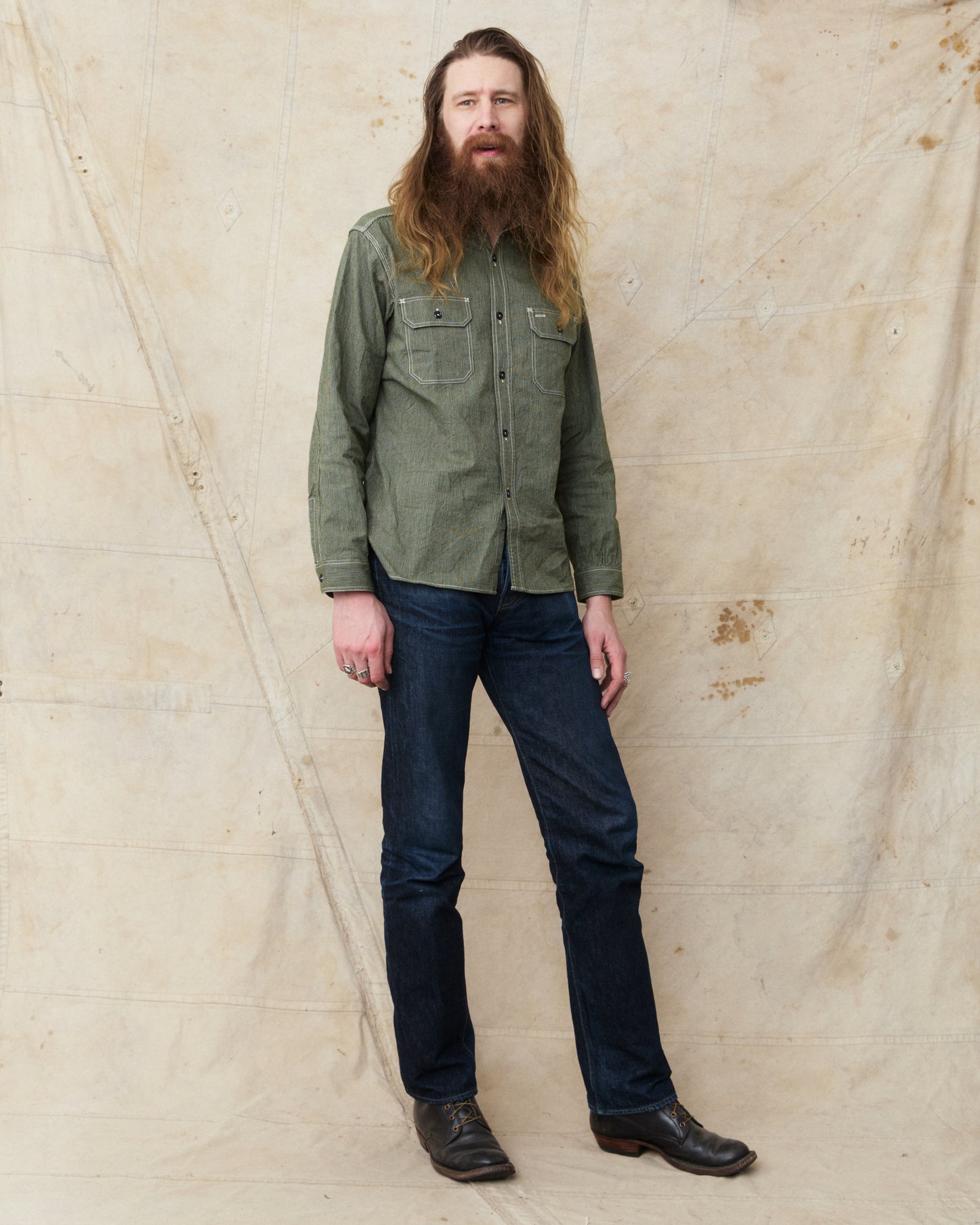 Sugar Cane & Co. Olive Striped Work Shirt SC25511