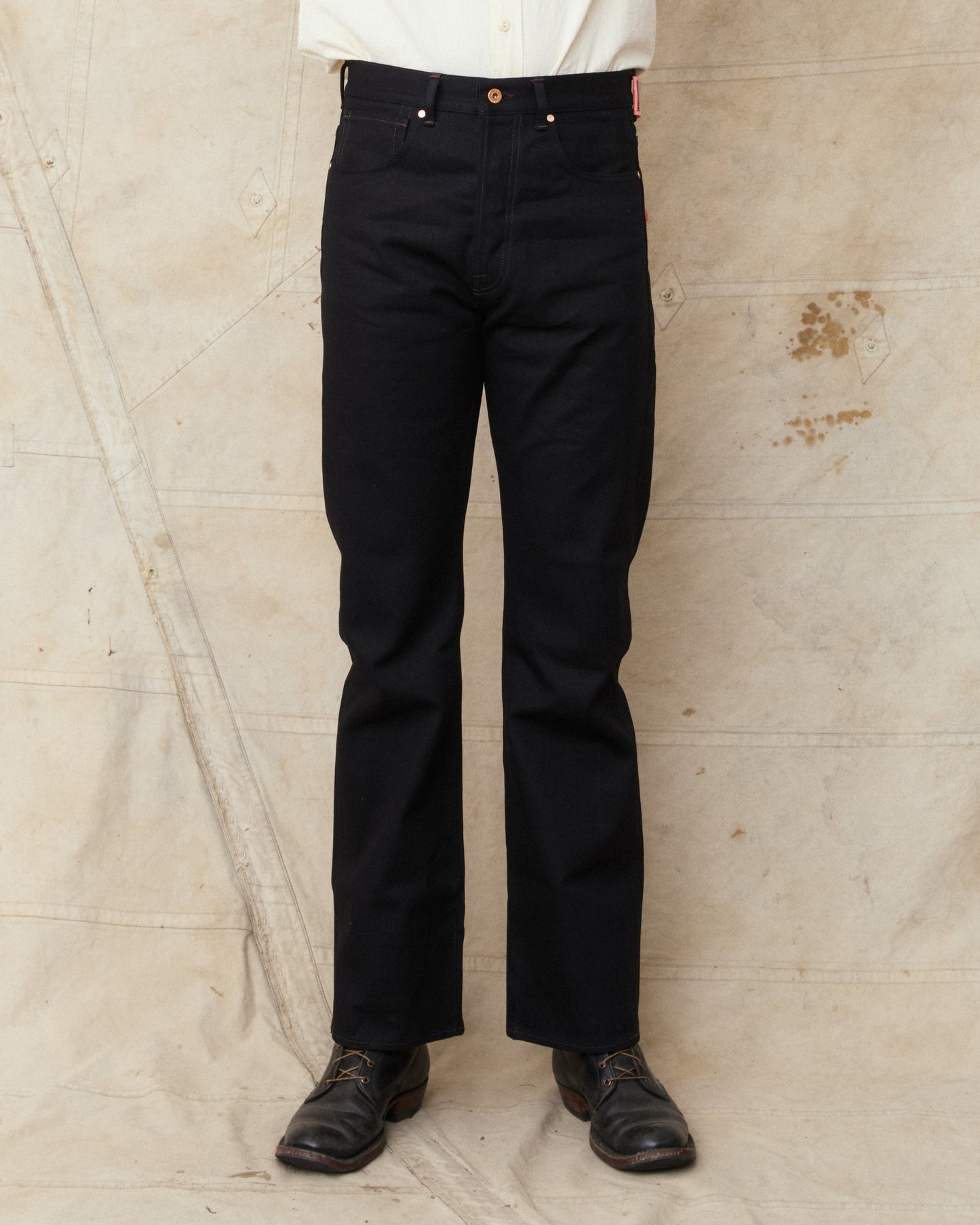 Indigofera Wyatt Bootcut Jeans Uneven Broken Twill Black