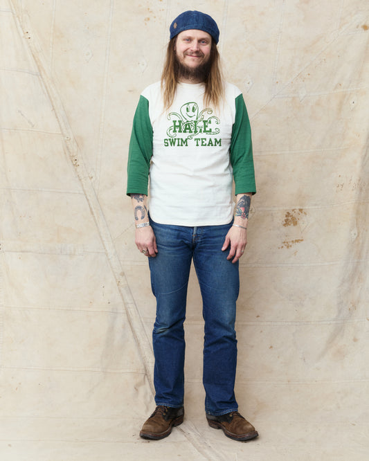 Warehouse & Co Three-Quarter Sleeve Baseball Shirt Swim Team Cream/Green