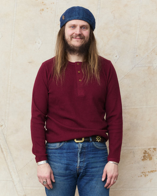 Hermansson Long Sleeve Ribbed Cotton Henley Shirt Vinröd