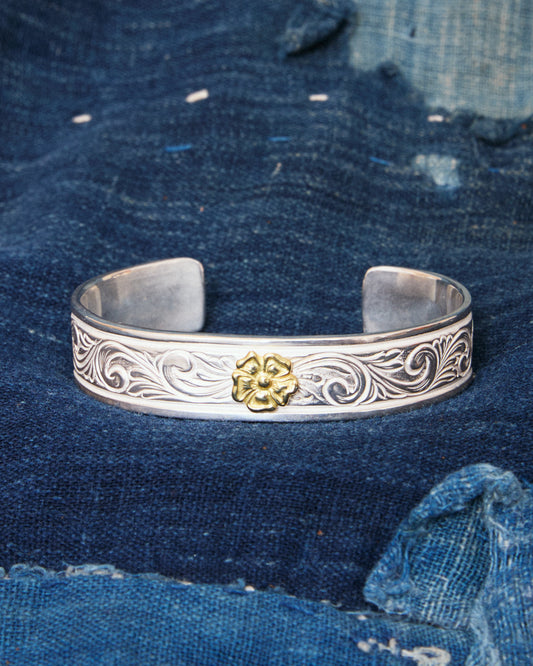 Larry Smith BR-0210 Karakusa Rose 13mm Wide 18K Gold Accent No. 210 Silver Bracelet