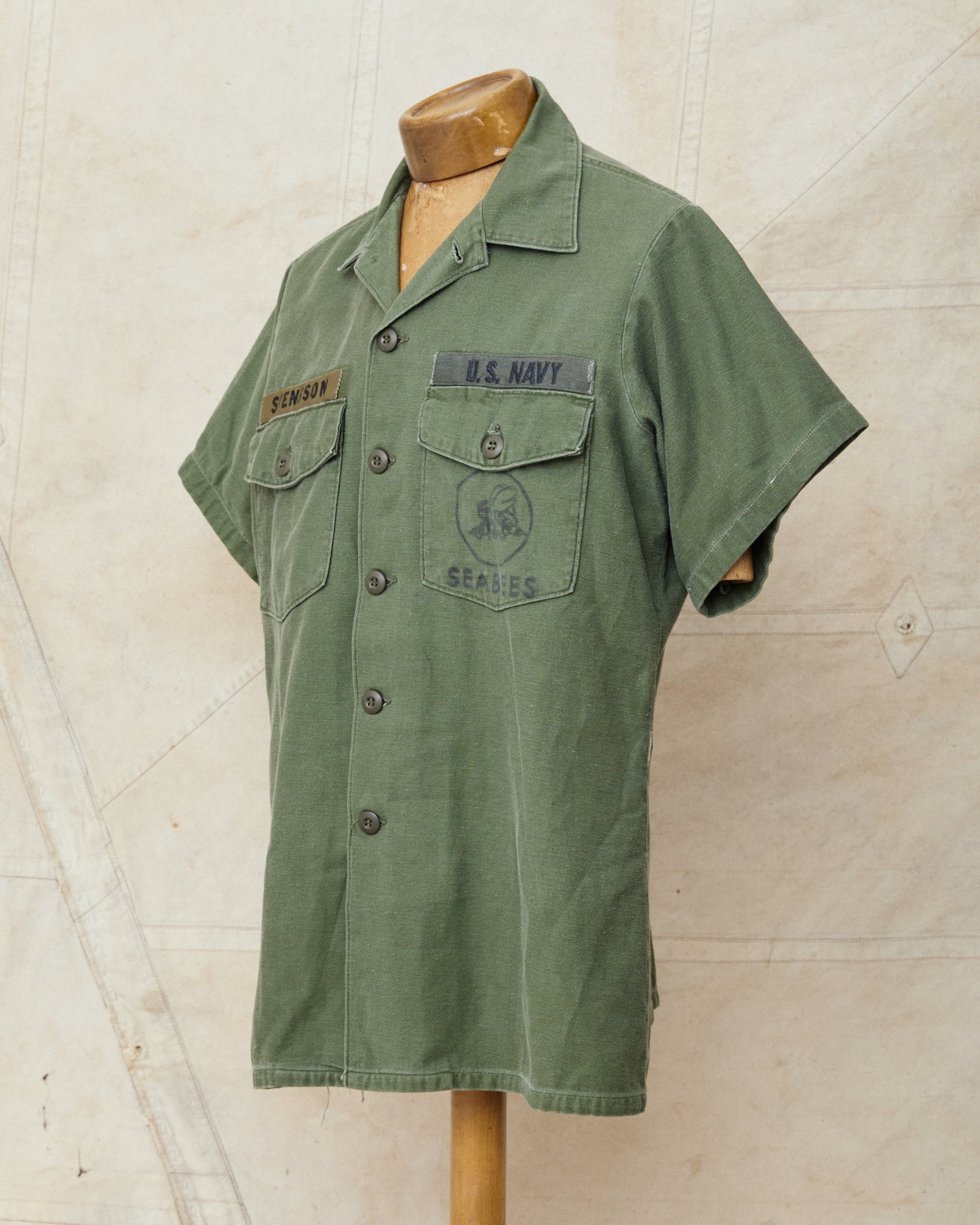 Vintage Original 1970 OG-107 Cotton Sateen US Army Seabees Short Sleeved Shirt