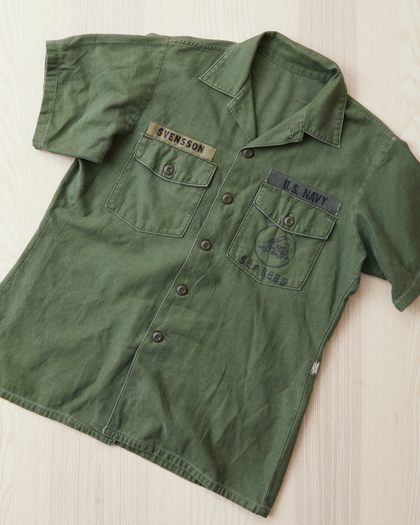 Vintage Original 1970 OG-107 Cotton Sateen US Army Seabees Short Sleeved Shirt