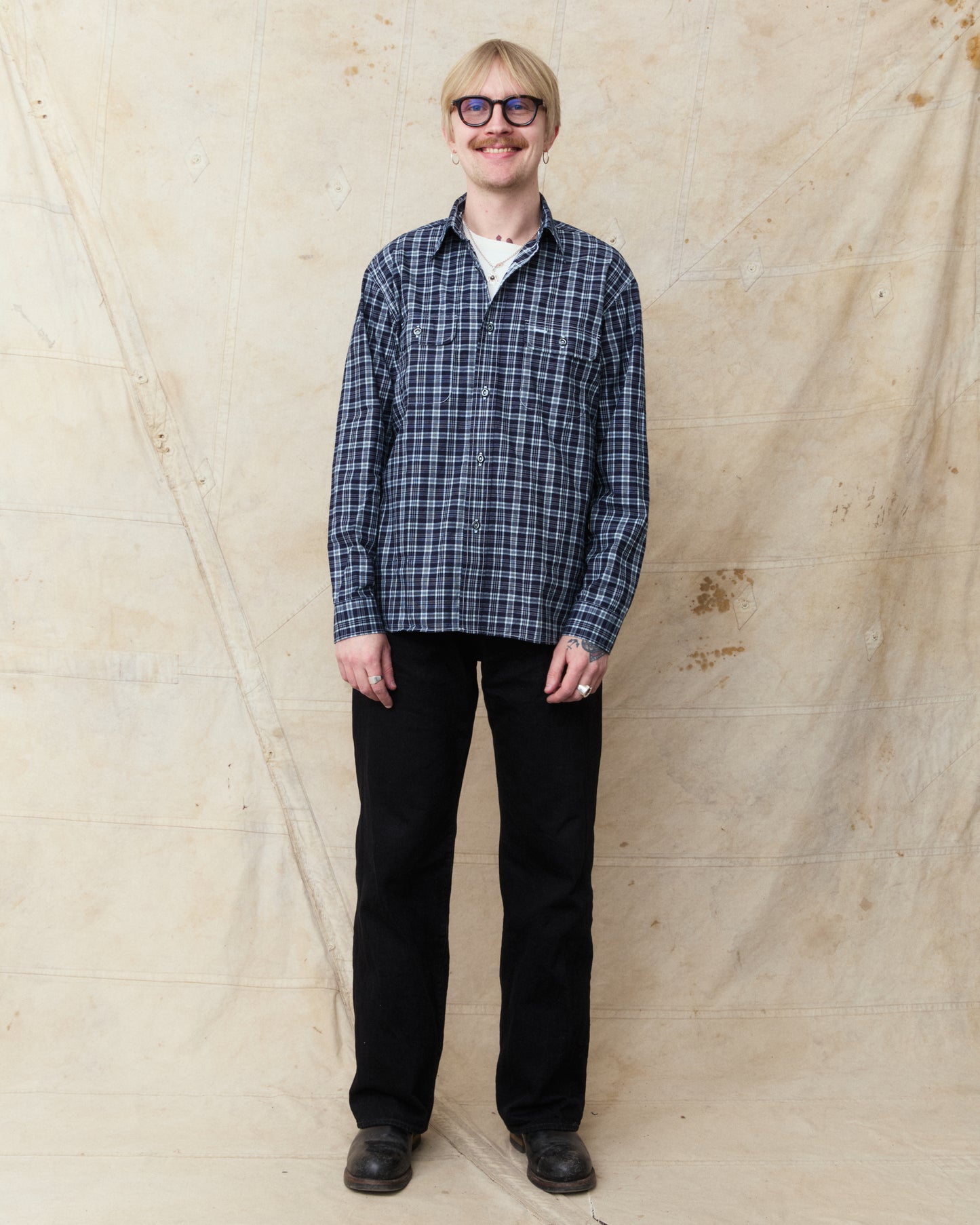 Sugar Cane & Co Fiction Romance 4 Oz Indigo Check Work Shirt SC29672