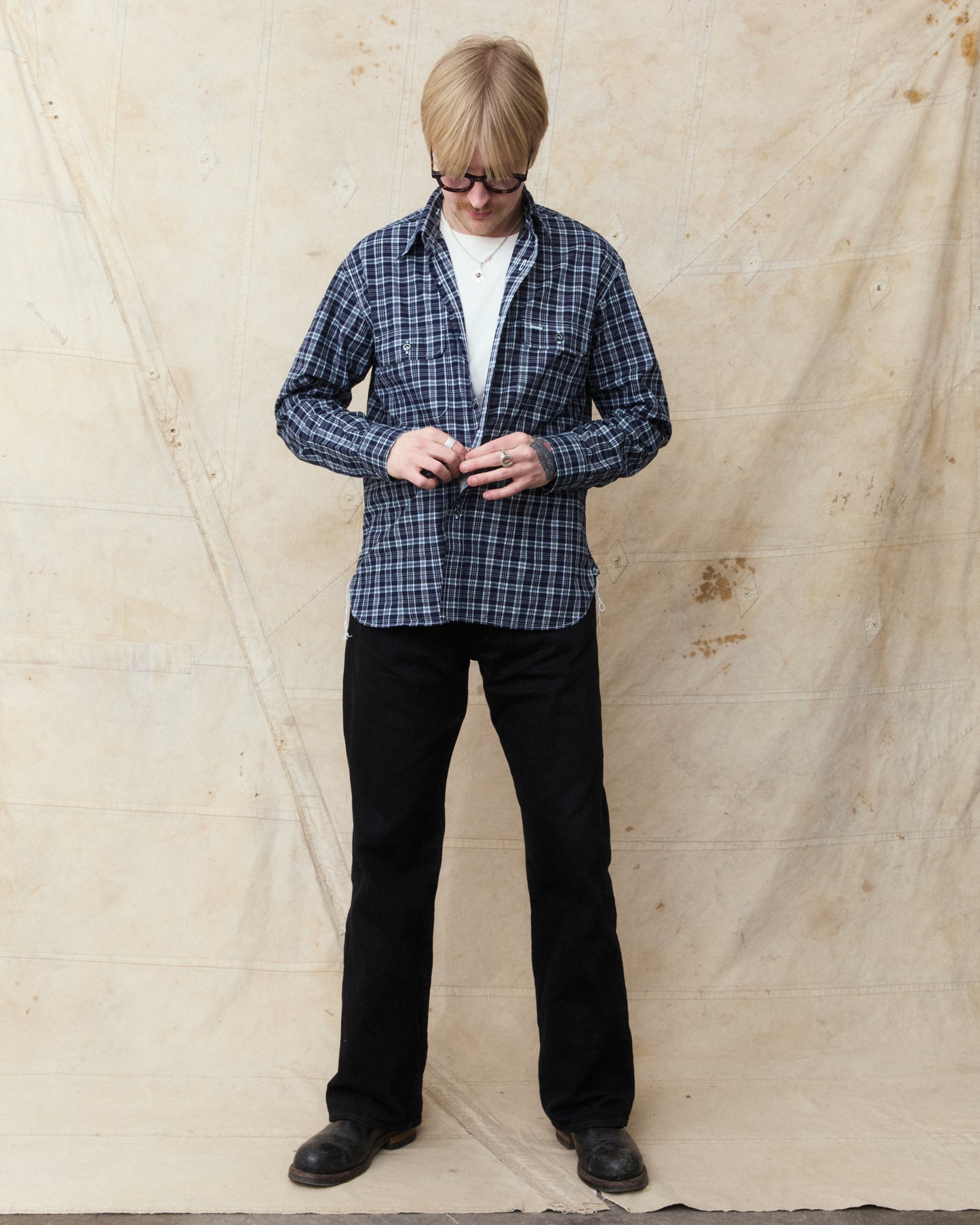 Sugar Cane & Co Fiction Romance 4 Oz Indigo Check Work Shirt SC29672