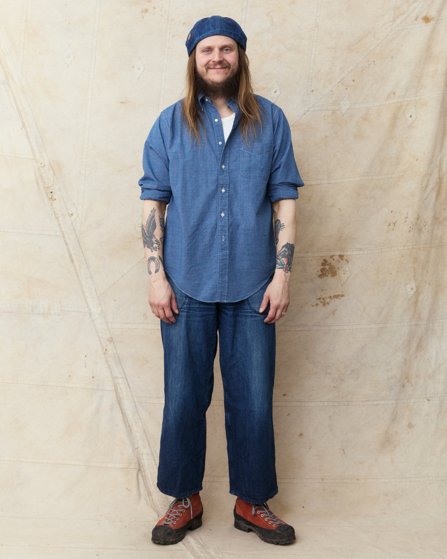 OrSlow 01-8112-C84K Button Down Chambray Shirt Checked Cotton