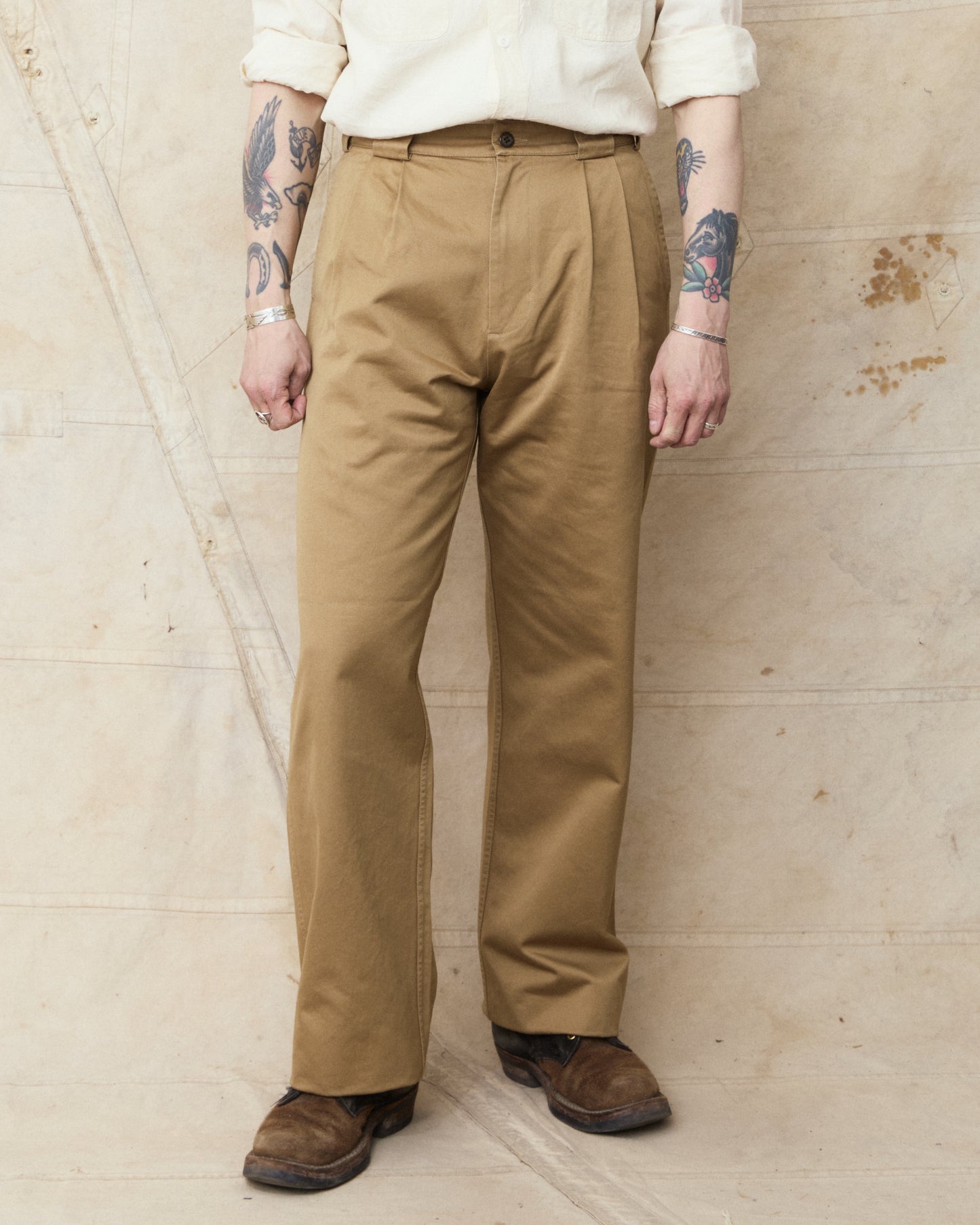 Gråbrodern Eke Pleat Relaxed Chino Italian Khaki Twill Light Rinse