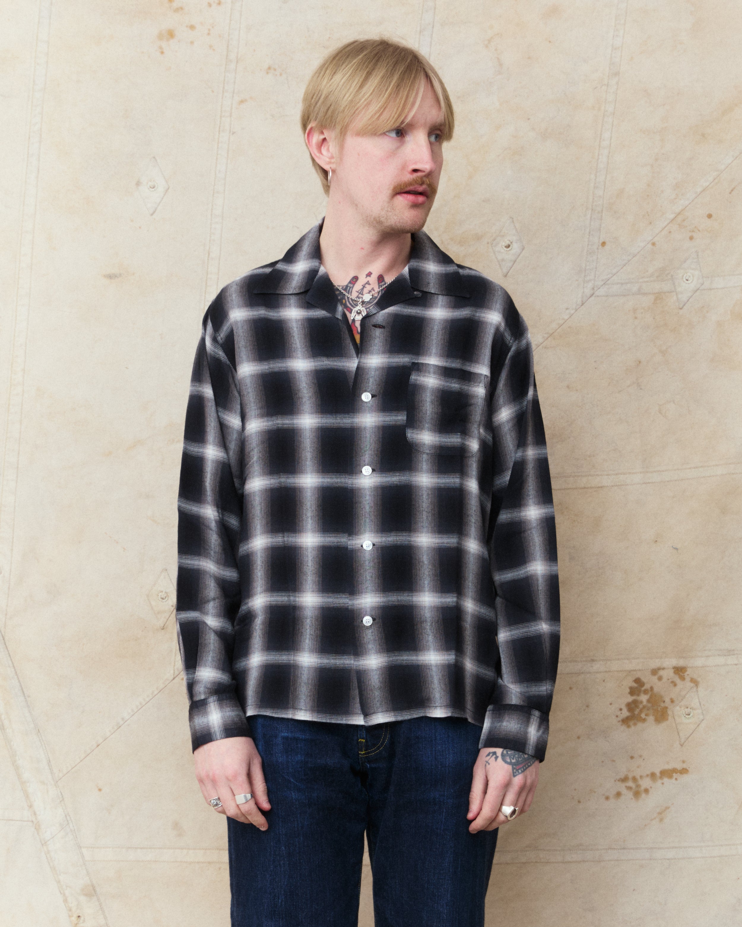 Sugar Cane & Co. Rayon Ombre Check Open Shirt Black SC29120