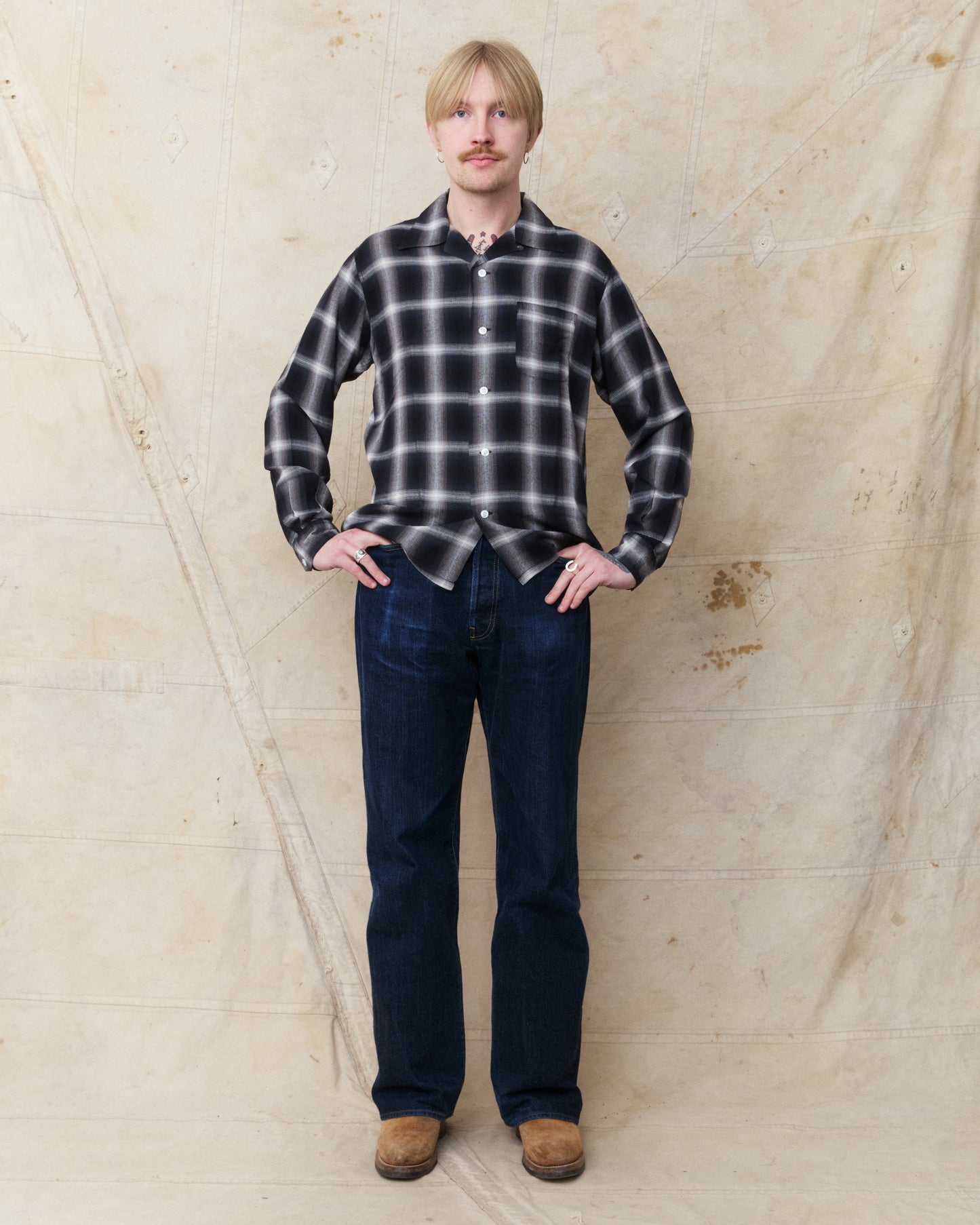 Sugar Cane & Co. Rayon Ombre Check Open Shirt Black SC29120