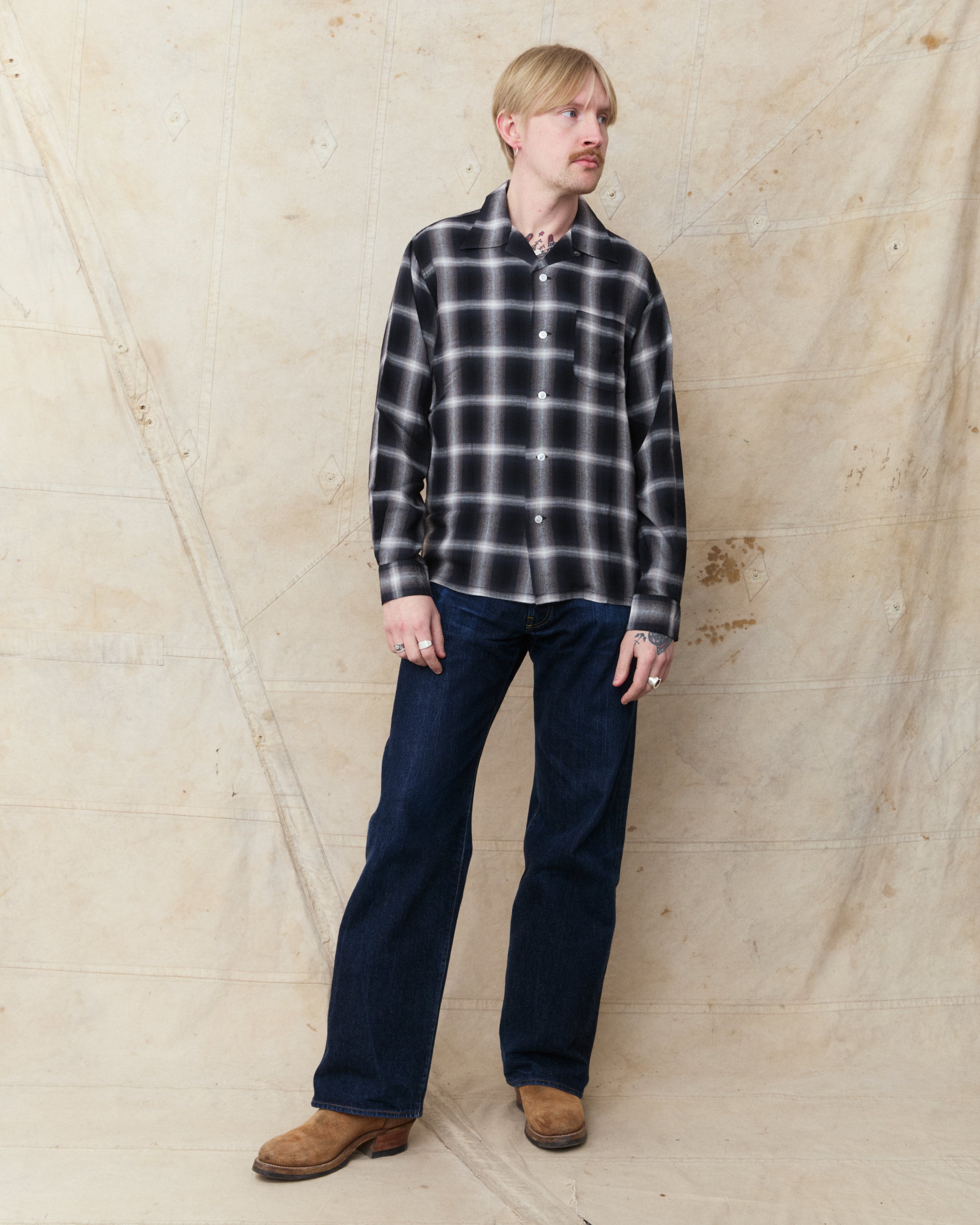 トップス SUGAR CANE RAYON OMBRE CHECK OPEN SHIRT Sugar Cane & Co. Rayon Ombre Check Open Shirt Black SC29120