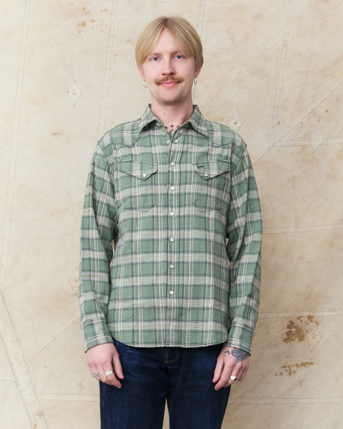 Sugar Cane & Co. SC29687 Washer Herringbone Check Western Shirt Green