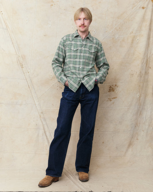 Sugar Cane & Co. SC29687 Washer Herringbone Check Western Shirt Green