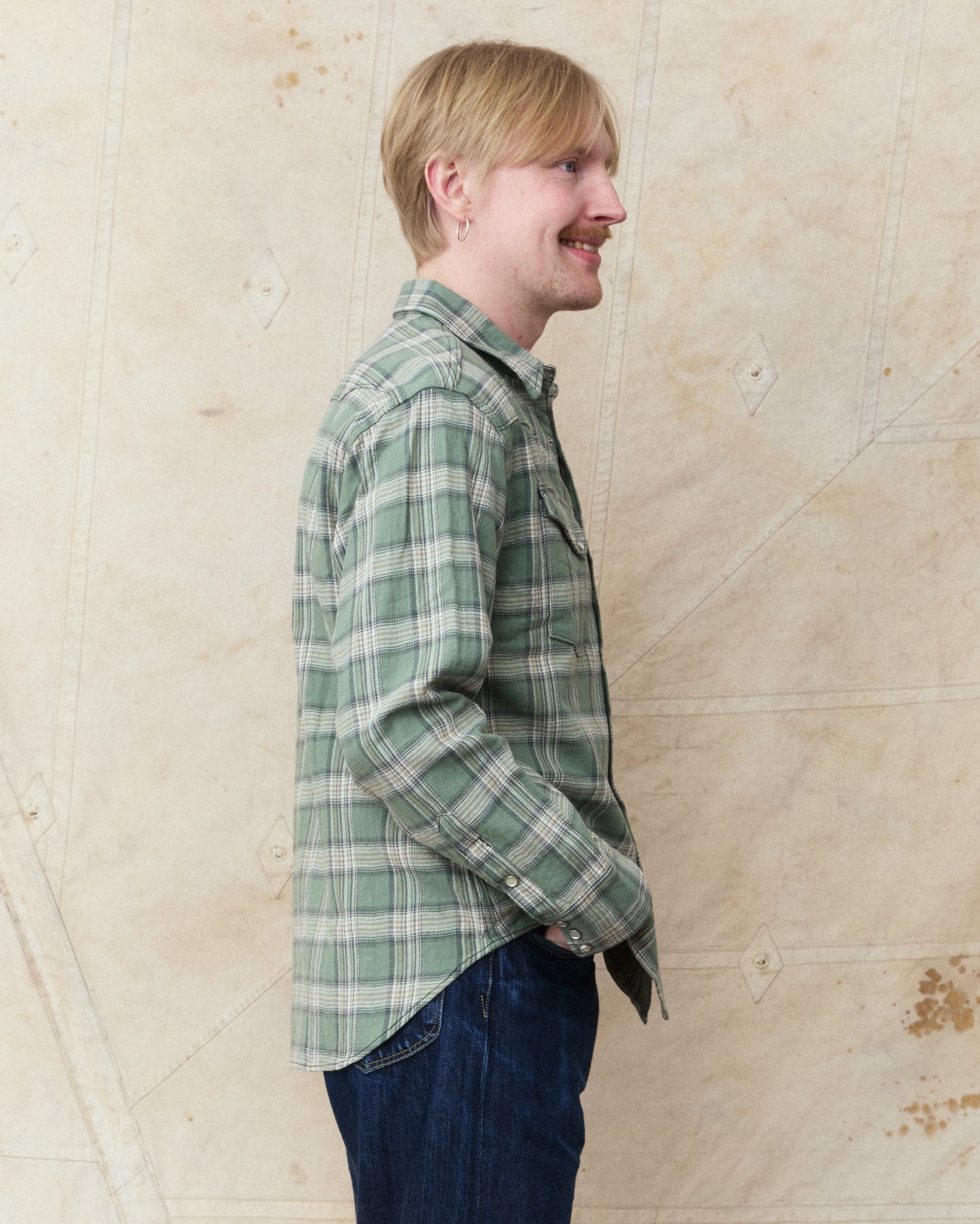 Sugar Cane & Co. SC29687 Washer Herringbone Check Western Shirt Green