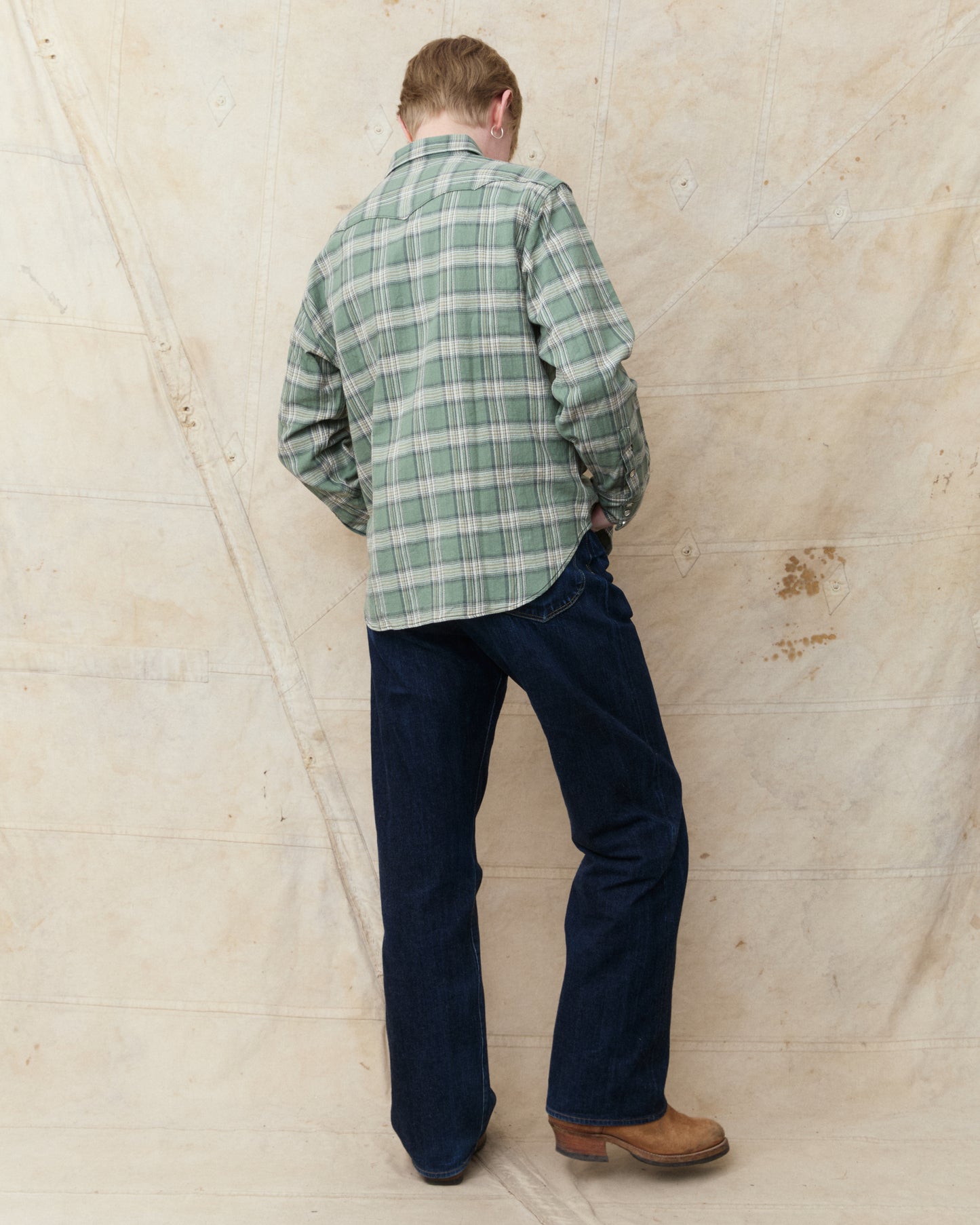 Sugar Cane & Co. SC29687 Washer Herringbone Check Western Shirt Green
