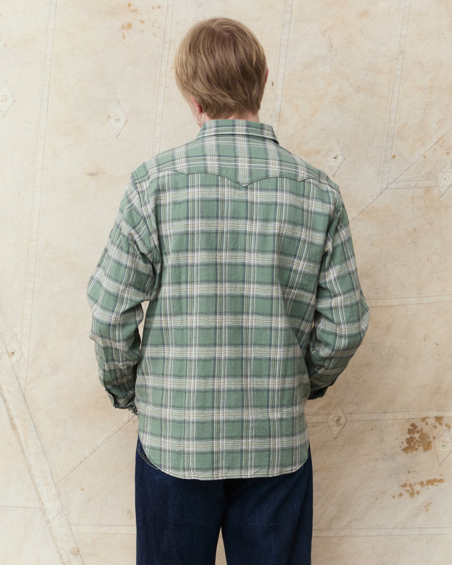 Sugar Cane & Co. SC29687 Washer Herringbone Check Western Shirt Green
