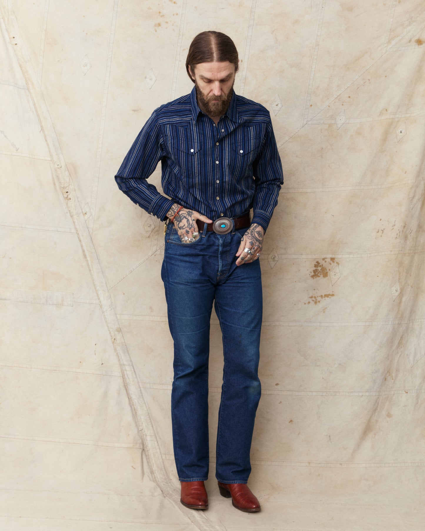 Sugar Cane & Co. Indigo Dobby Western Shirt Navy SC29685