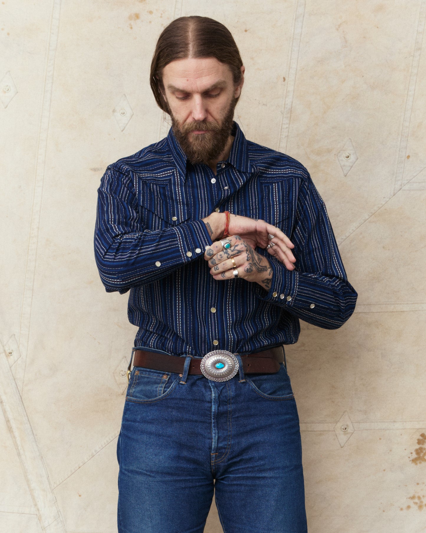 Sugar Cane & Co. Indigo Dobby Western Shirt Navy SC29685