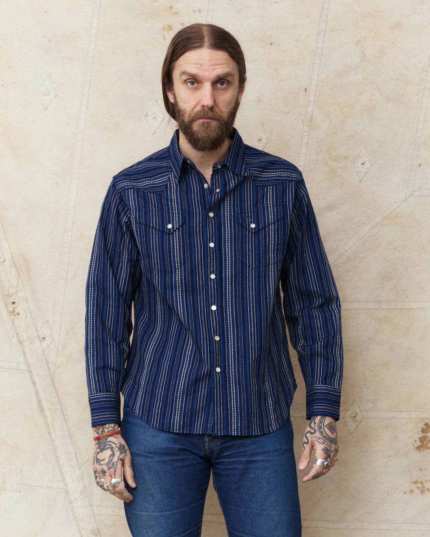 Sugar Cane & Co. Indigo Dobby Western Shirt Navy SC29685