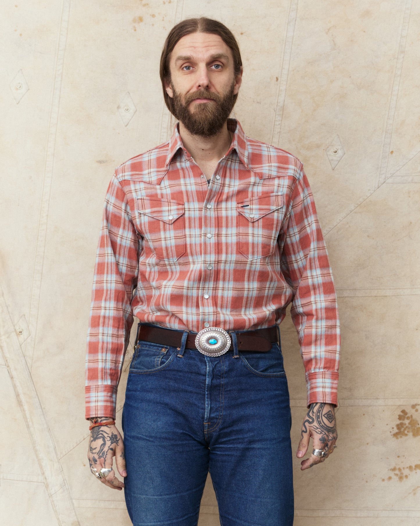 Sugar Cane & Co. SC29687 Washer Herringbone Check Western Shirt Red