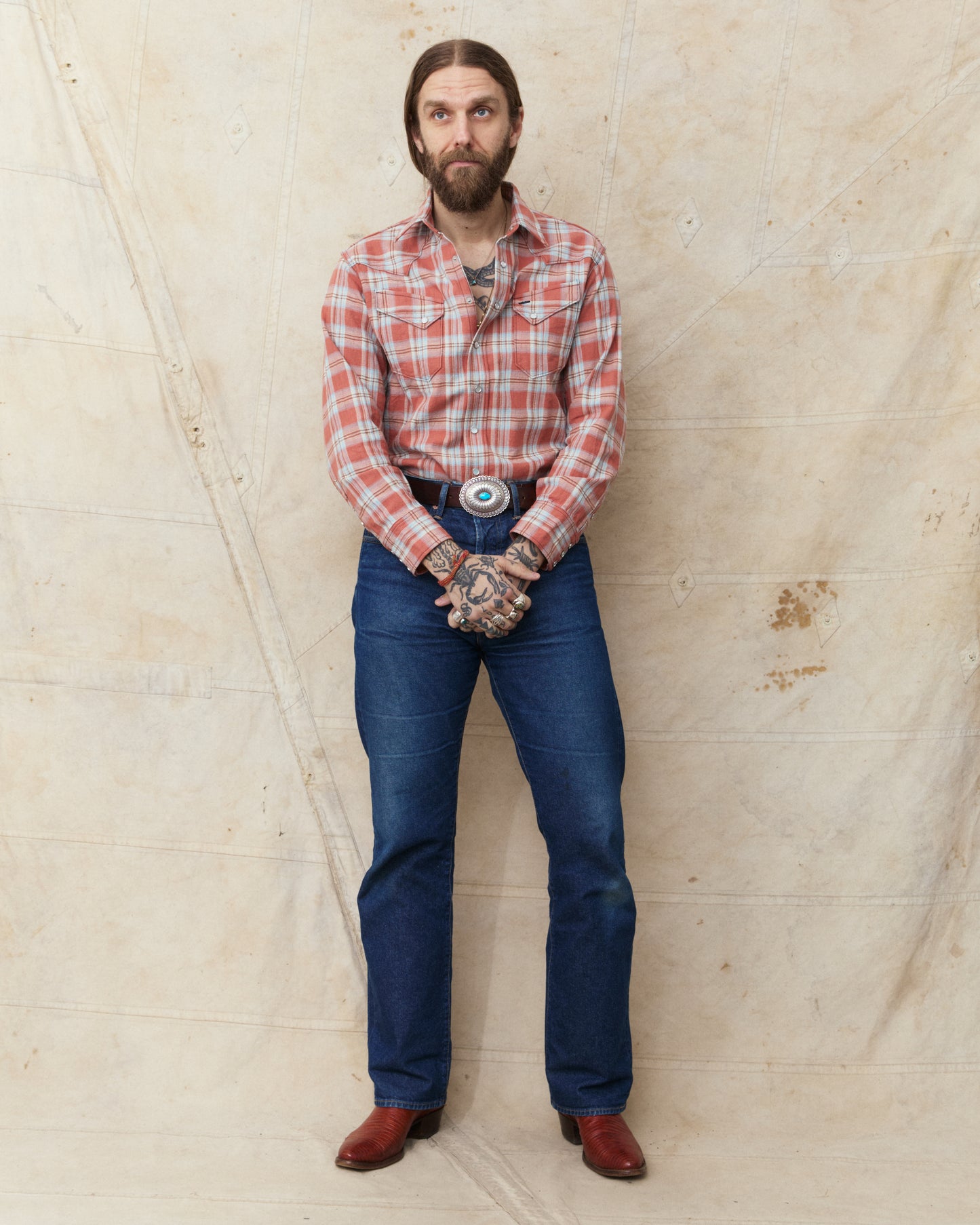 Sugar Cane & Co. SC29687 Washer Herringbone Check Western Shirt Red