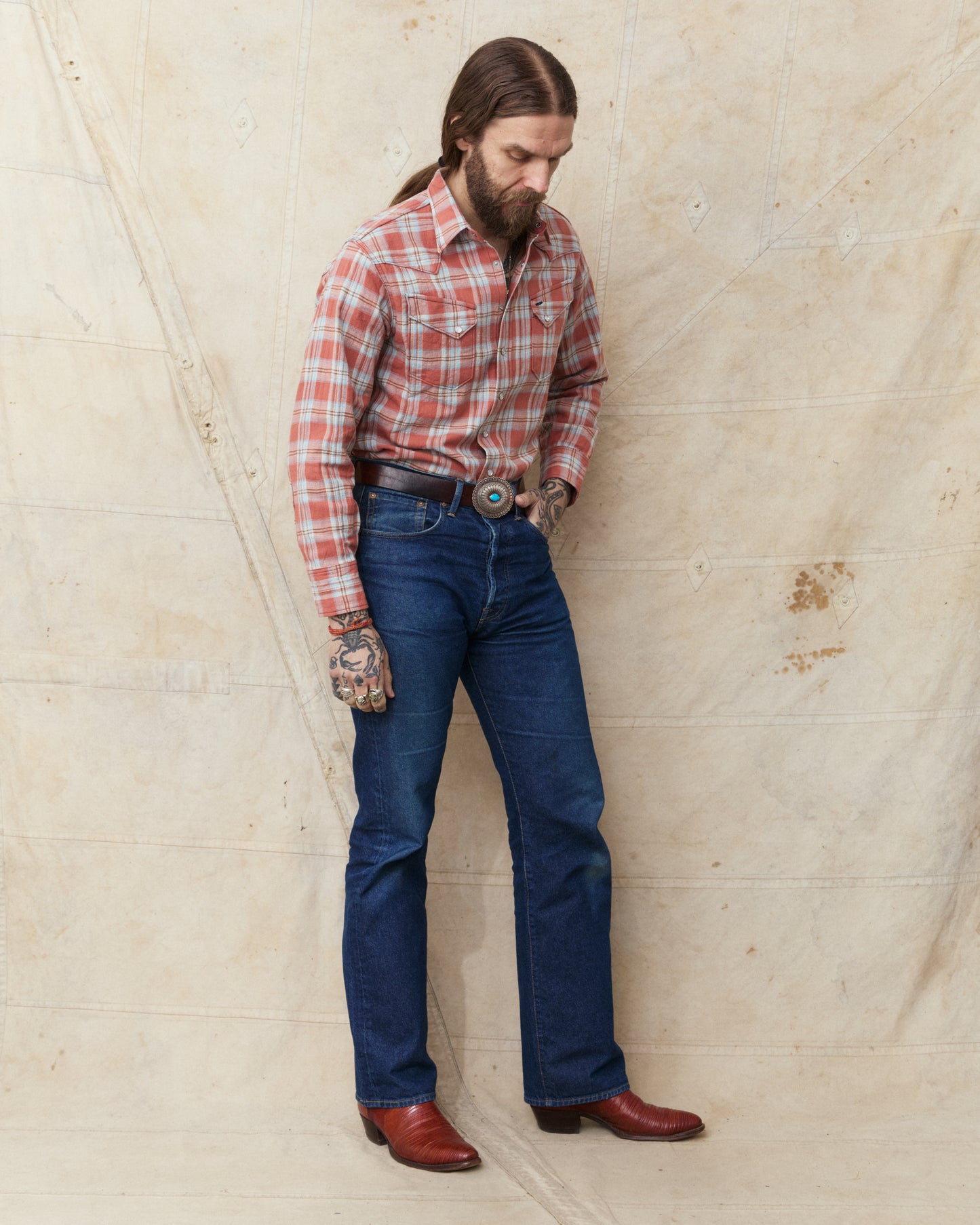 Sugar Cane & Co. SC29687 Washer Herringbone Check Western Shirt Red